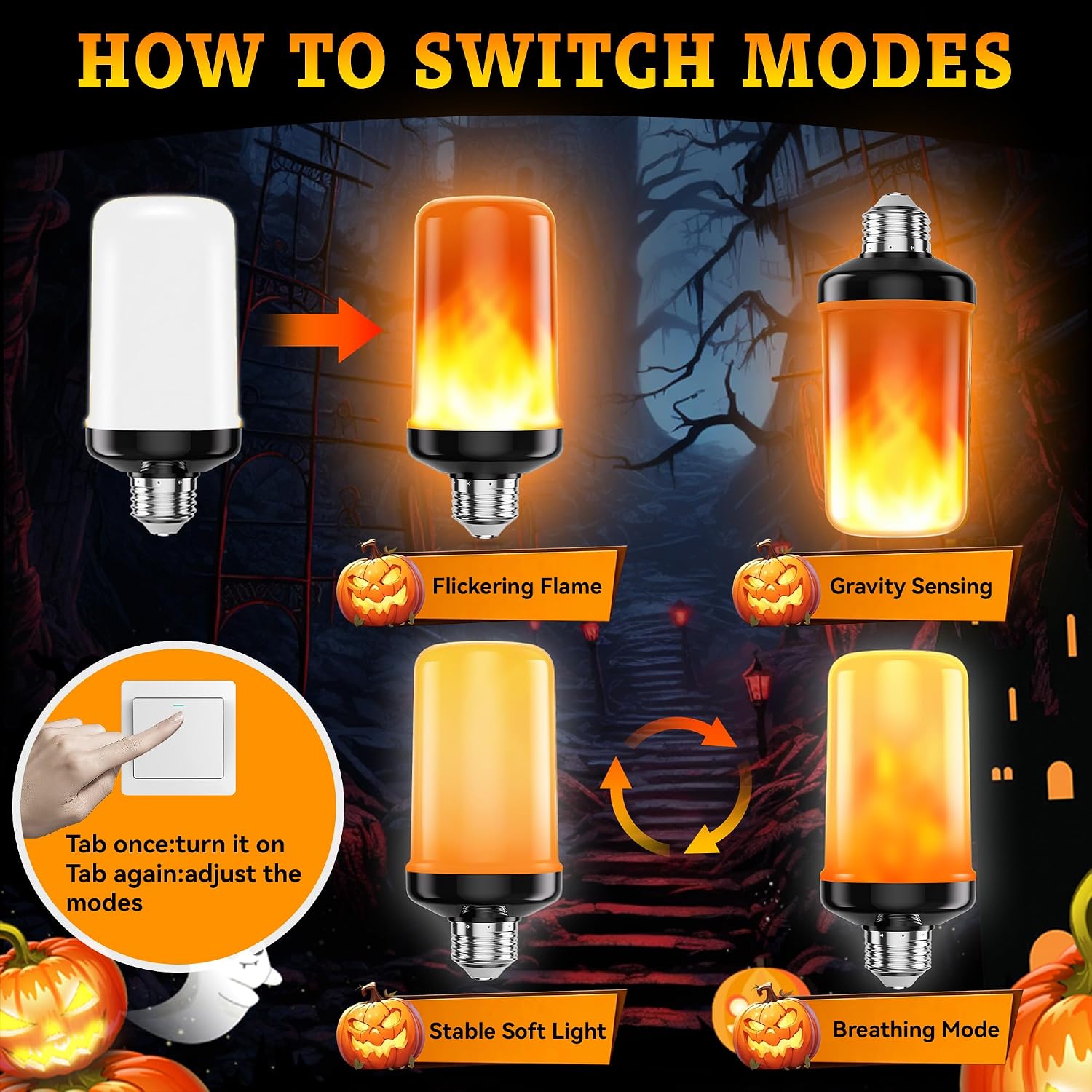 Detalle de hyrion QHFN4 LED Flame Light Bulbs, 4-Pack, E26 Base, 4 Modes