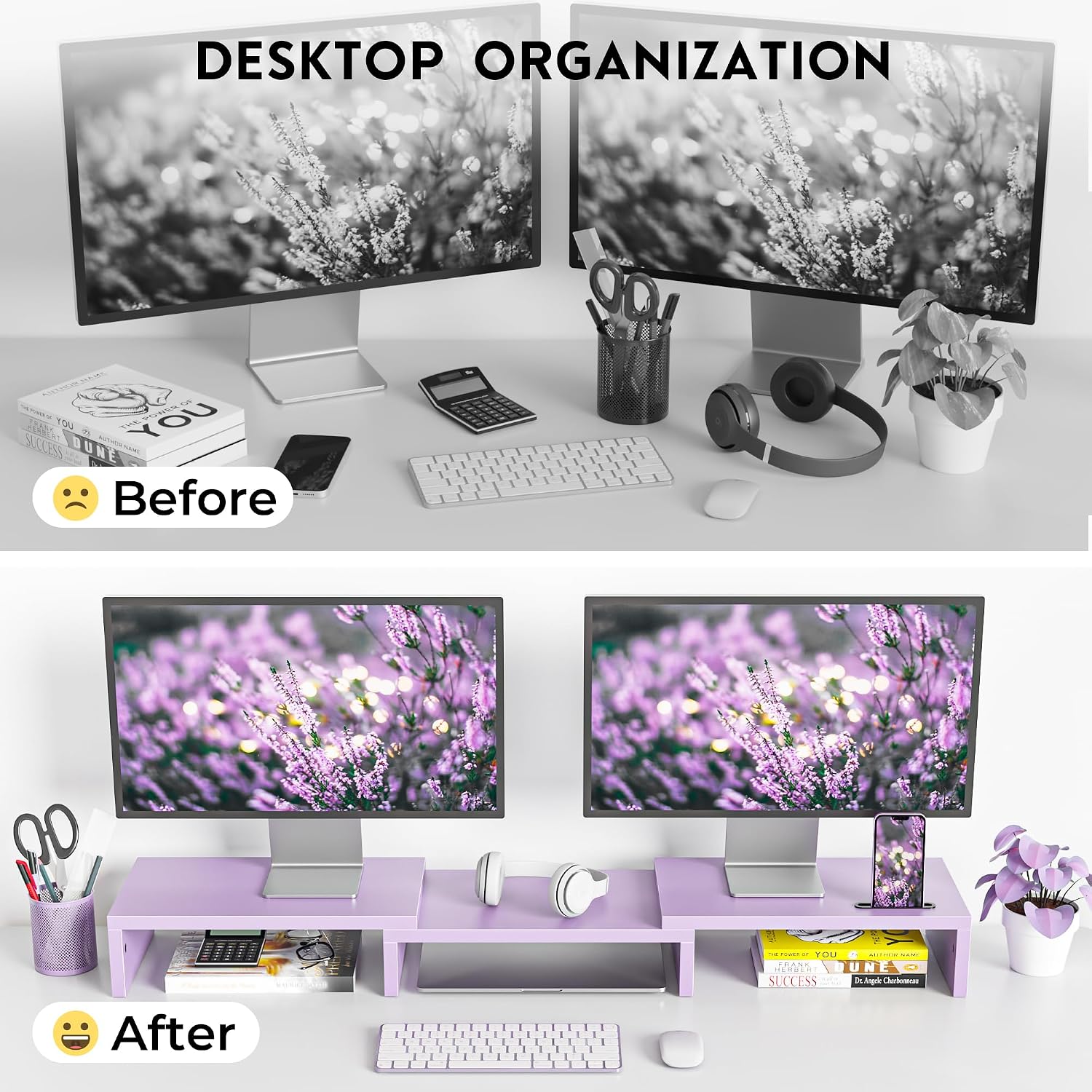 Thumbnail 3 de BONTEC Dual Monitor Stand Riser, Purple Adjustable Wooden Desk Organizer