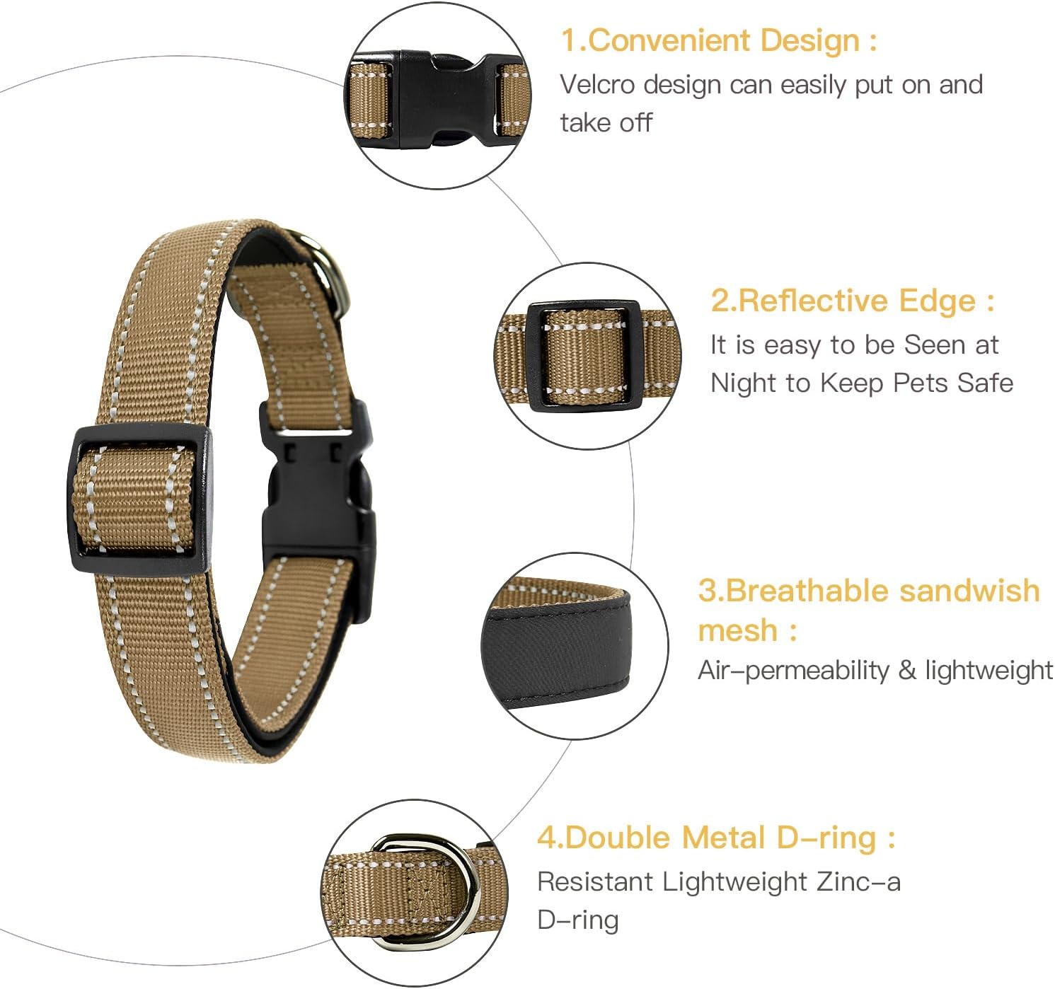 Detalle de HEELE Hundehalsband aus Nylon mit Reflektierendem Band und Neoprenpolsterung – Größe M (34–52 cm), Braun