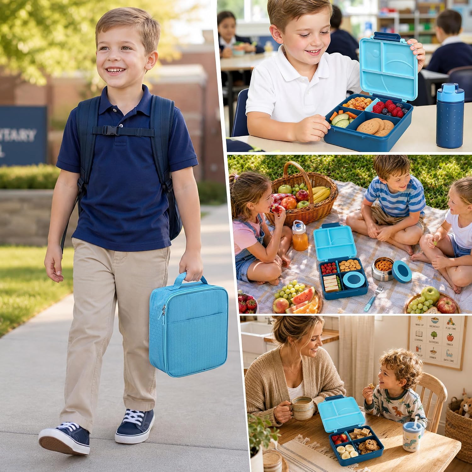 Thumbnail 6 de Kids Bento Lunch Box Set with 8oz Soup Thermo, Leak-Proof 4-Compartment Containers & Insulated Lunch Bag (Blue)