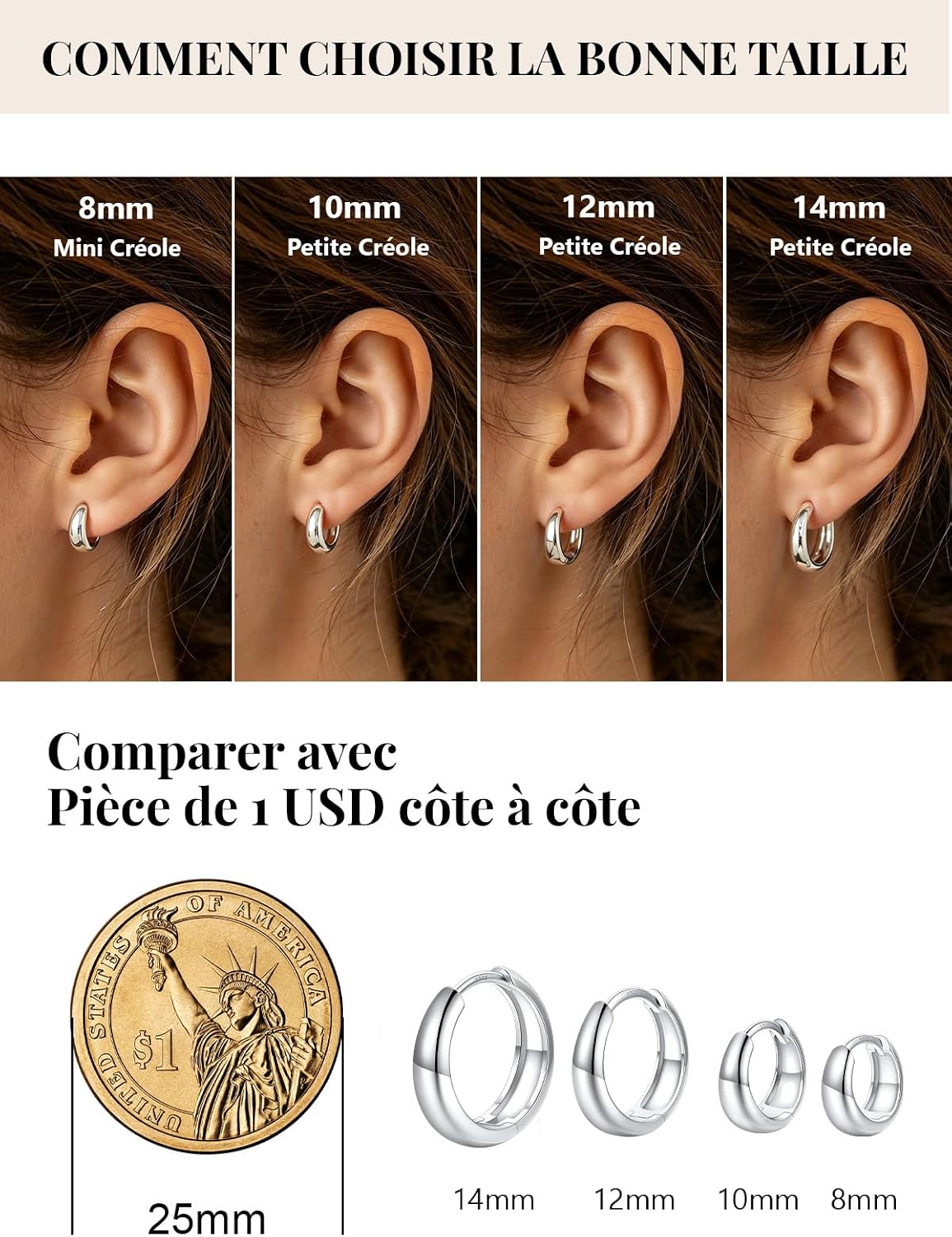Detalle de Silvora Petit Créoles Argent 925 et Cuivre – Mini créoles hypoallergéniques en 8–14 mm