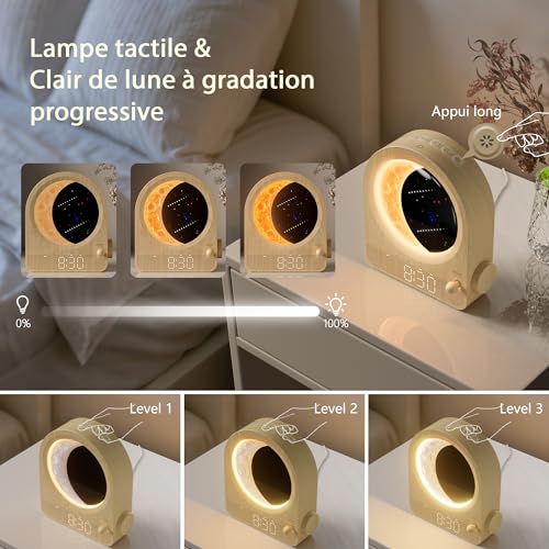 Detalle de blonbar Lampe lune avec réveil à lumière du jour – lampe de chevet avec 2 réveils, 10 sons naturels et veilleuse nocturne