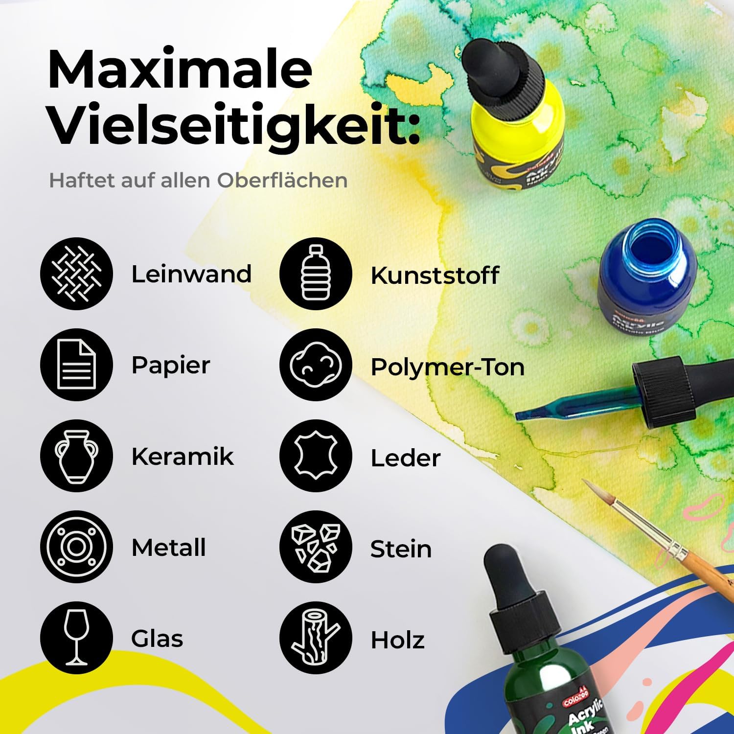 Detalle 2 de Colozoo Acrylic Ink Set 8x20 ml – permanente Acryl-Tinte (6 Grundfarben & 2 Neonfarben)