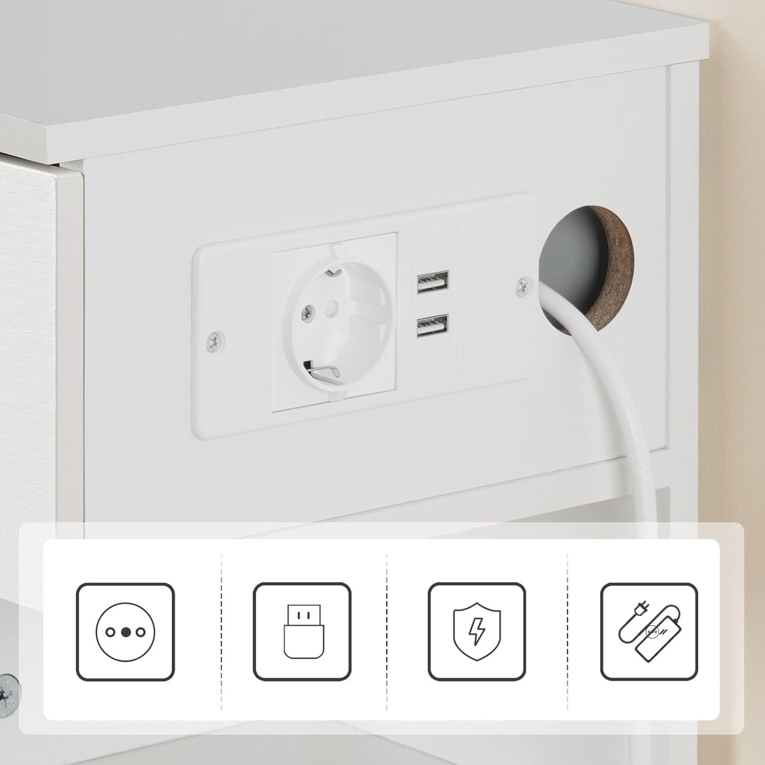 Detalle de HOOBRO Set di 2 Comodino Sospeso con Stazione di Ricarica e Cassetto - Bianco EWT127CBZP201