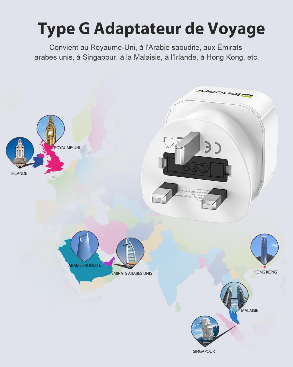 Detalle 1 de LENCENT Adaptateur voyage Type G Compact 2-pack