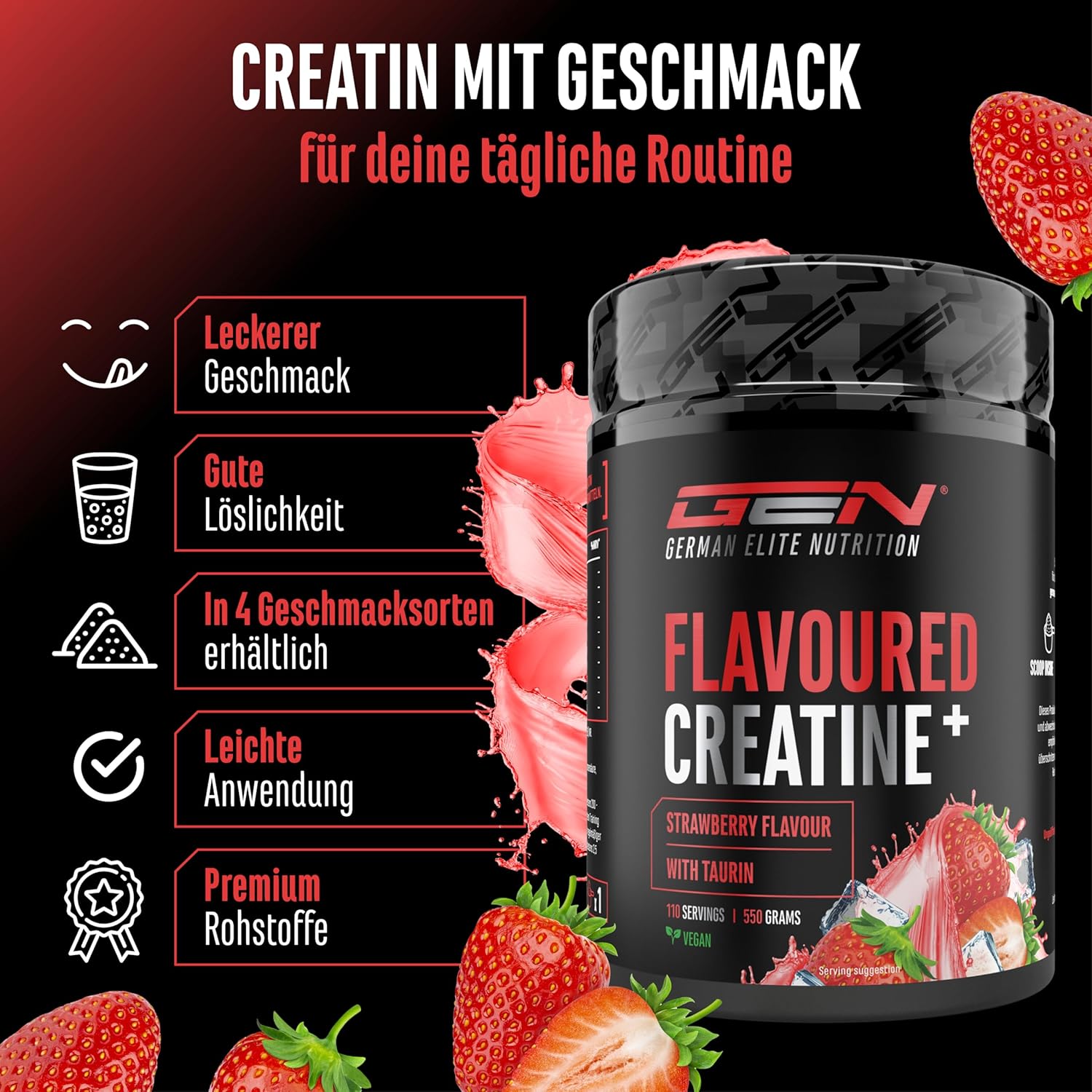 Thumbnail 2 de German Elite Nutrition Flavoured Creatine Pulver (Strawberry) – Creatin-Monohydrat mit L-Taurin, 550 g