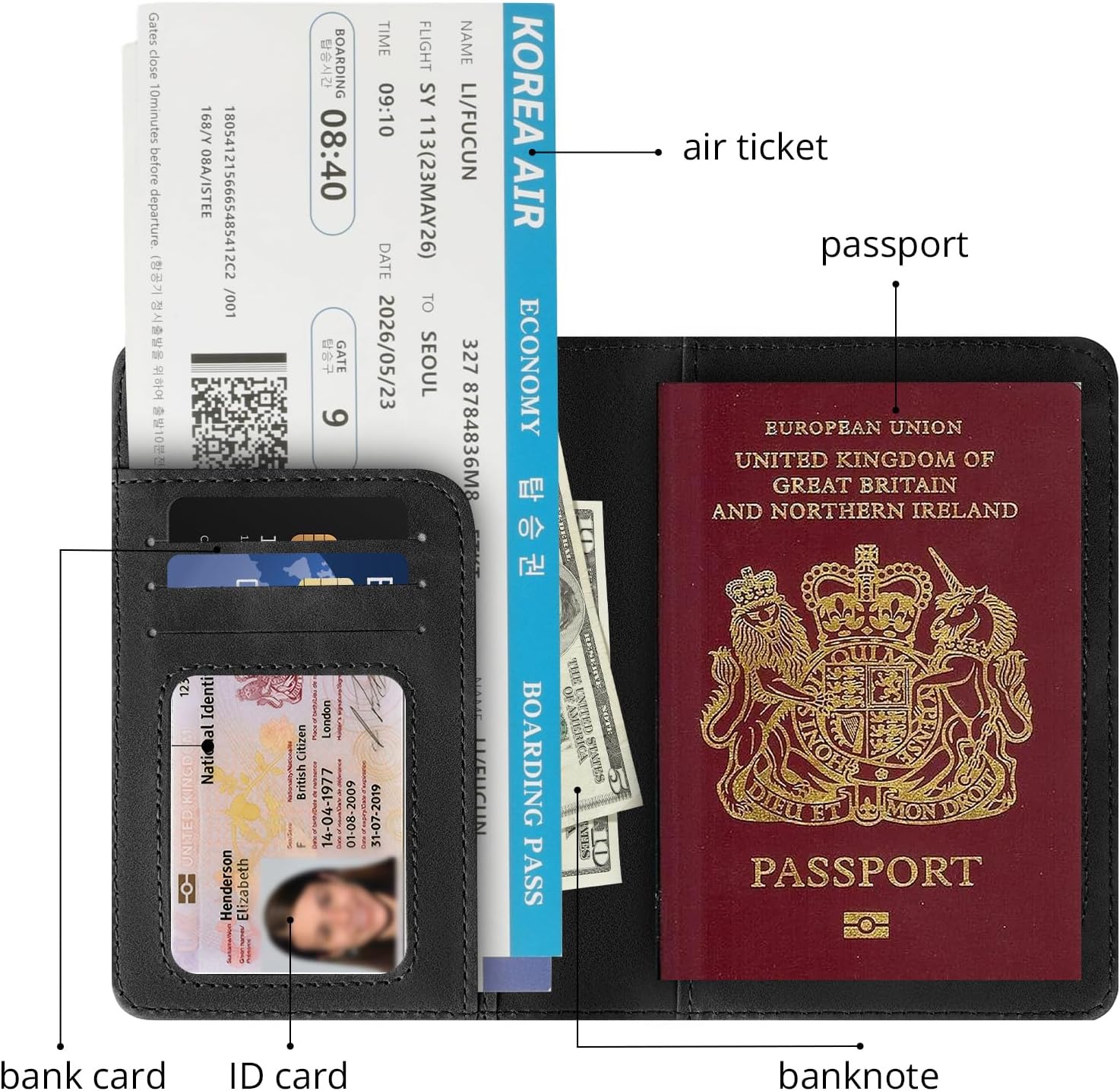 Detalle de Cinocratic RFID Blocking PU Leather Passport Holder – Black travel wallet for passports, cards & tickets