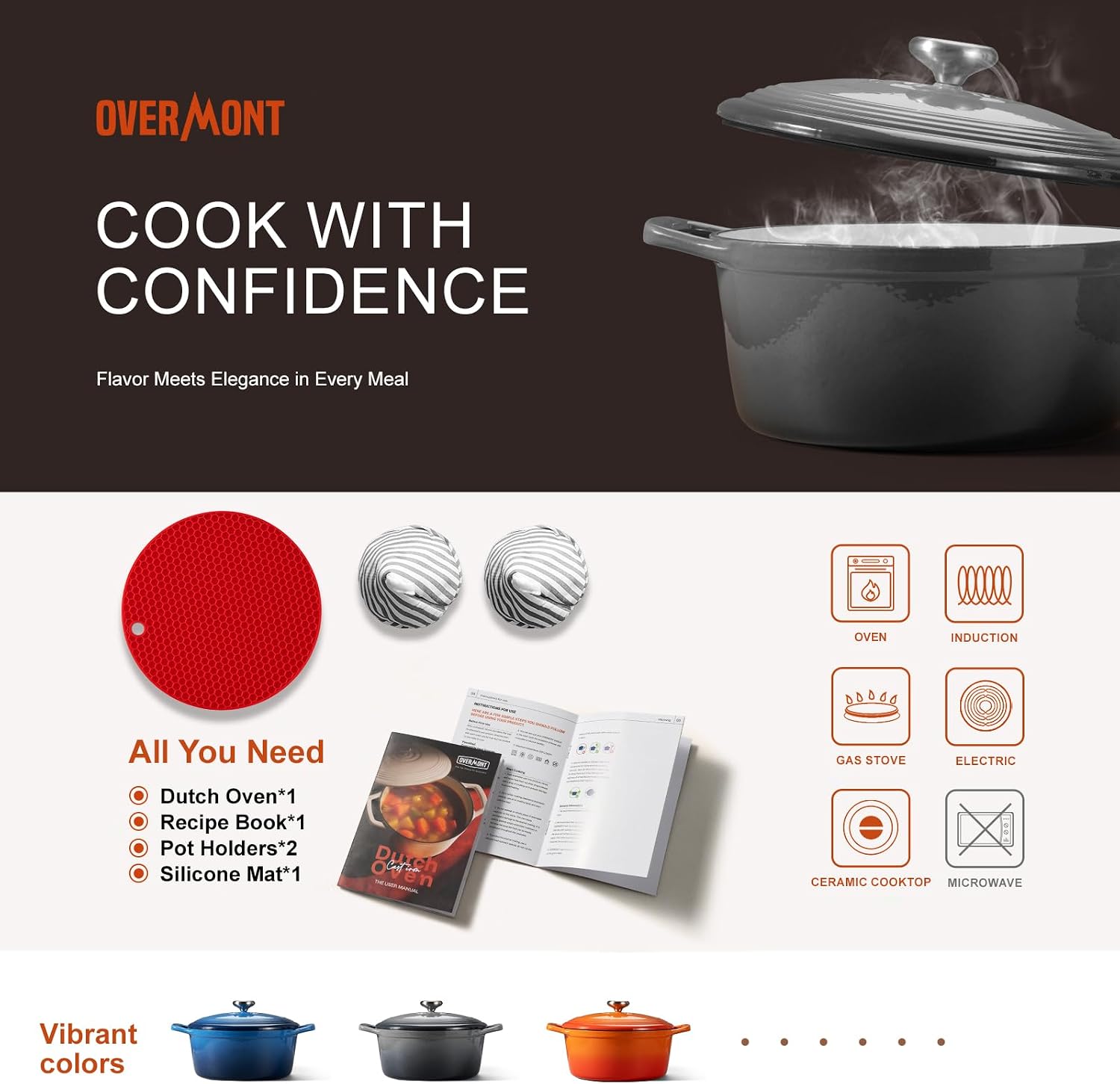 Detalle de Overmont 26cm Enamelled Cast Iron Round Casserole Pot with Lid (5.2L) – Grey