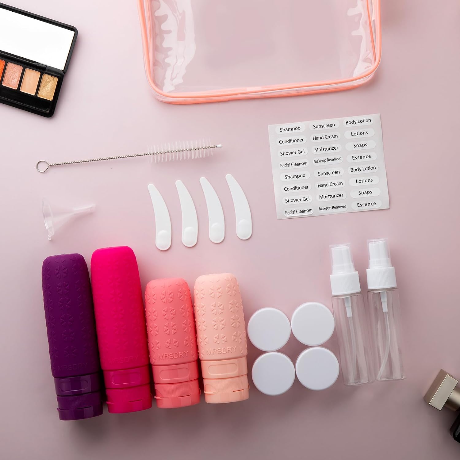 Detalle de Mrsdry 18-Piece Travel Toiletry Set with Silicone Bottles and Cream Jars