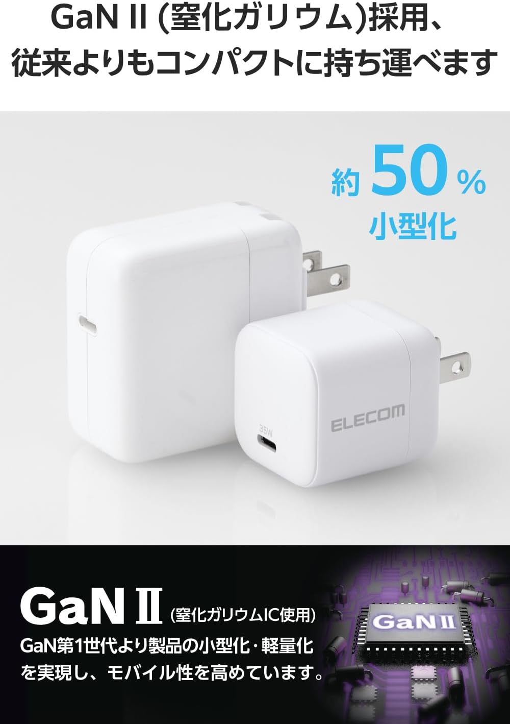 Detalle de エレコム EC-AC9235WH 35W USB-C充電器 PD・PPS対応 GaN II採用 折りたたみプラグ ホワイト