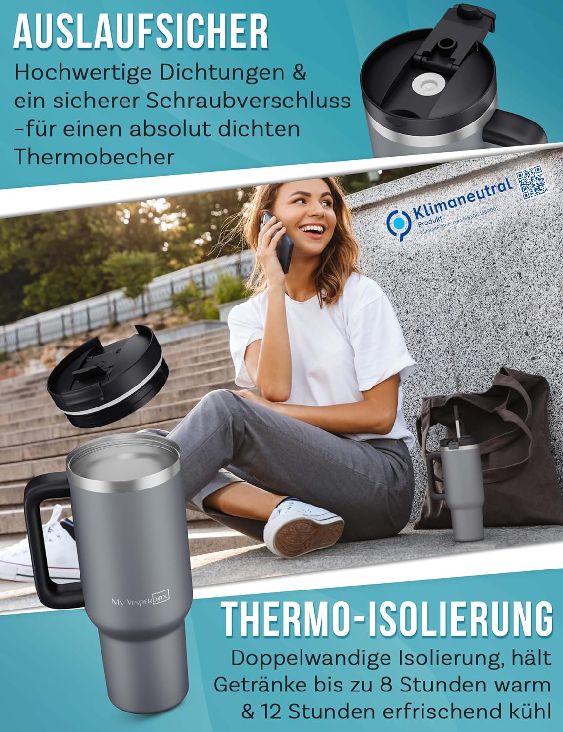 Thumbnail 2 de My Vesperbox KINNY CUP Trinkflasche mit Strohhalm – 500 ml Thermobecher (BPA-frei, auslaufsicher, spülmaschinenfest, Grau)