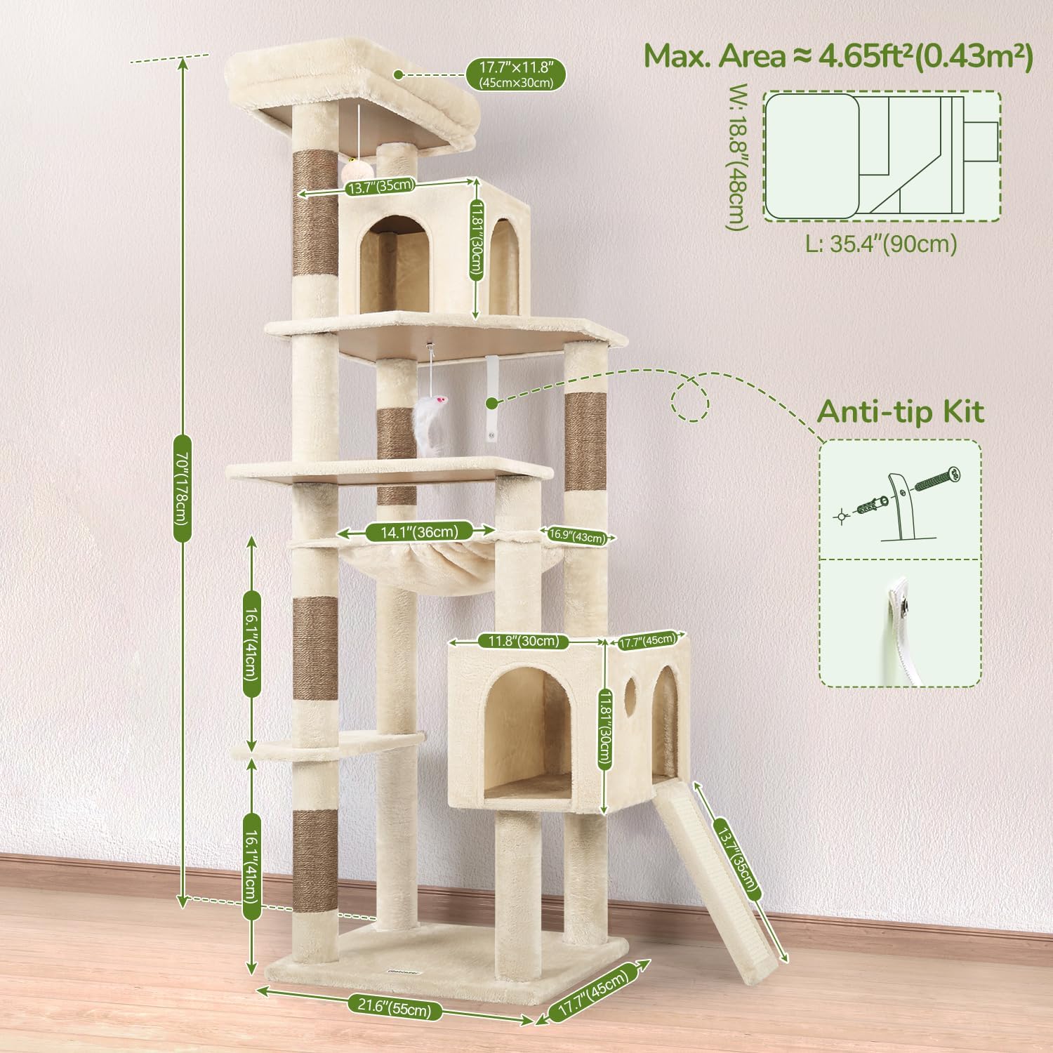 Detalle de Globlazer F70 Pro 70-Inch Cat Tree with Sisal Scratching Posts and Hammock