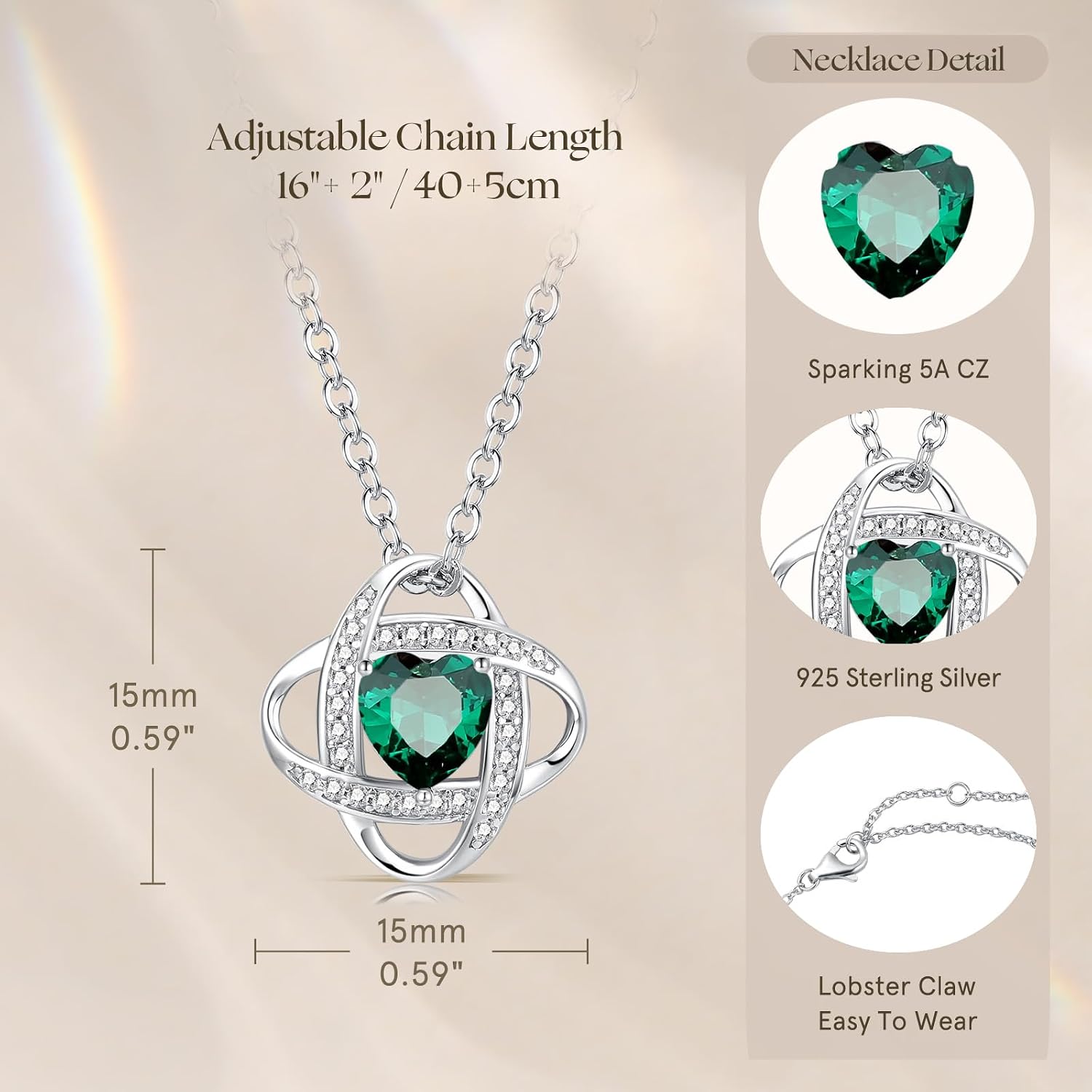 Detalle 2 de FANCIME Love Knot Birthstone Necklace for Women — Sterling Silver with May Emerald Birthstone