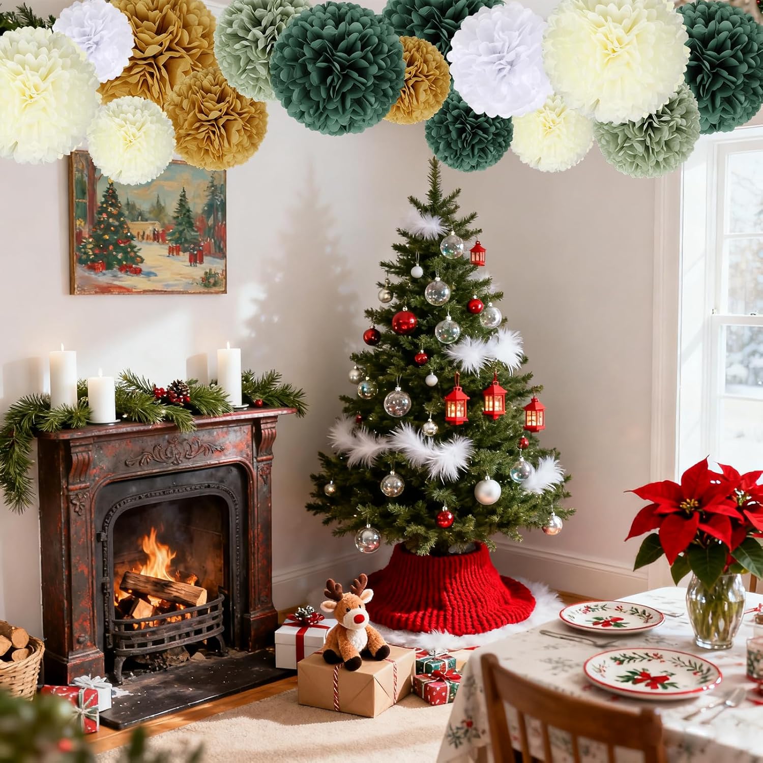 Detalle de BestoFun lot de 16 pompons en papier de soie vert kaki, beige et blanc pour Noël, mariage et fêtes
