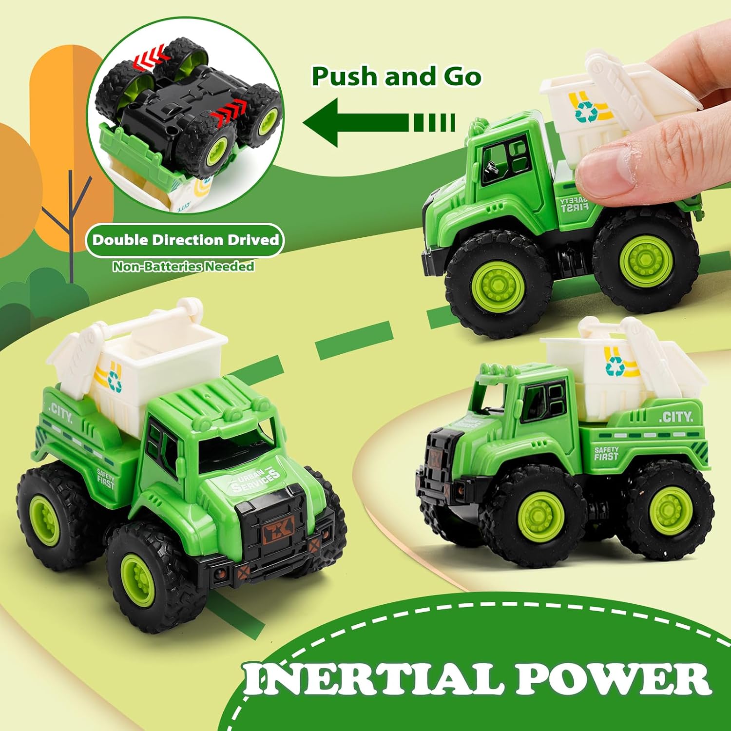 Thumbnail 1 de YGNNXRN 4er Set Müllwagen Spielzeug ab 2+ Jahre – Push & Go Fahrzeuge (Müllauto, Reinigungswagen, Recycling-LKW & Wasserwagen)