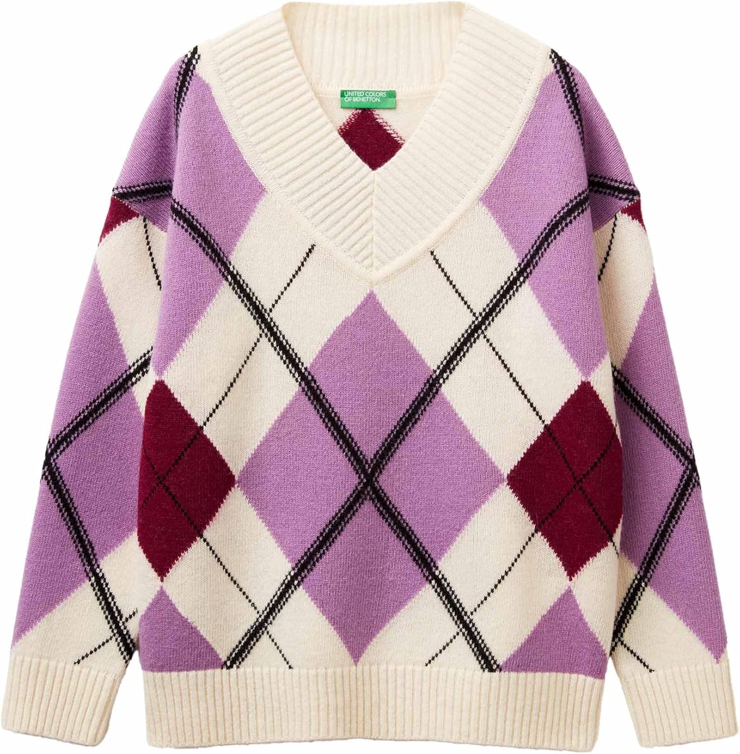 Detalle de Maglia scollo a V boxy con lavorazione a intarsio United Colors of Benetton 1444e204e per donna