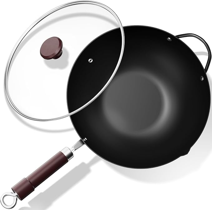 Jobin Wok de Acero al Carbono 32cm con Tapa y Asas de Madera