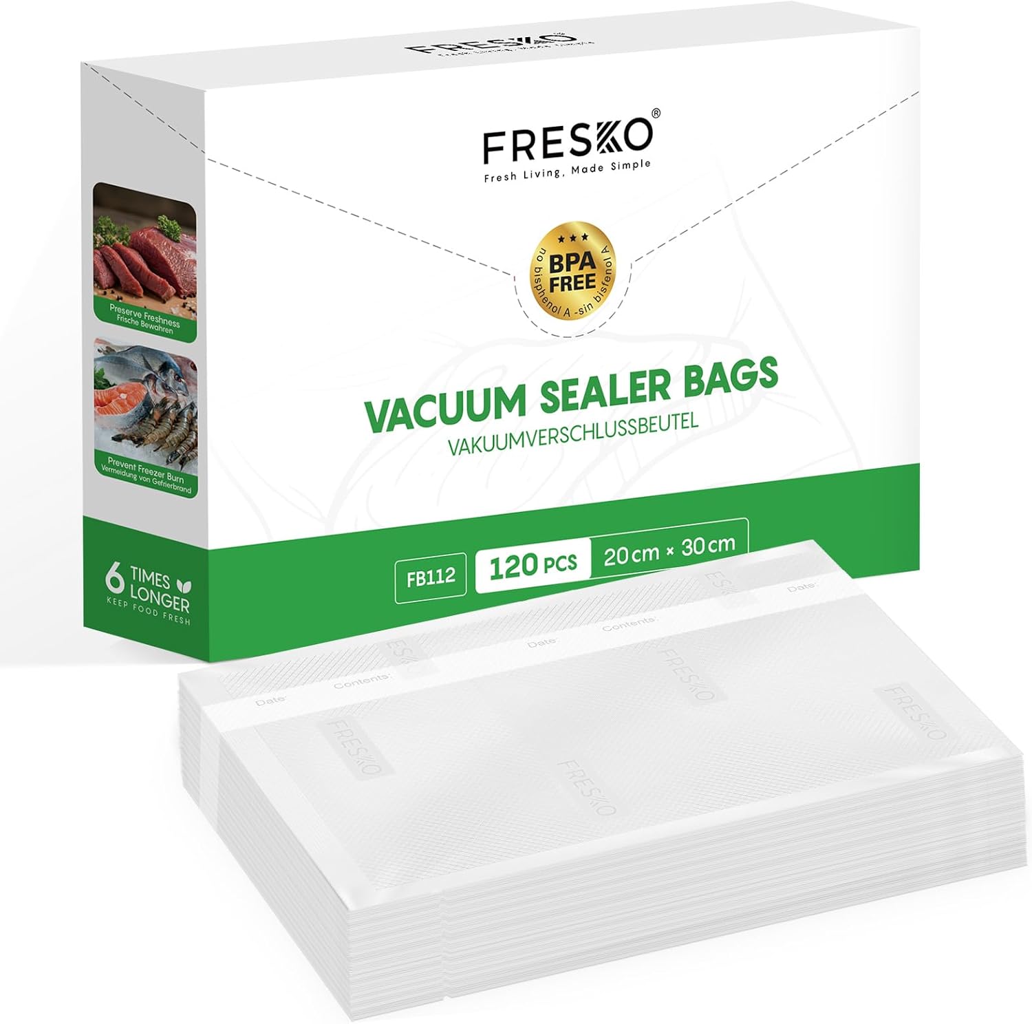 Detalle de FRESKO Sacchetti Sottovuoto Alimenti 120 pezzi 20x30 cm, senza BPA e approvati FDA