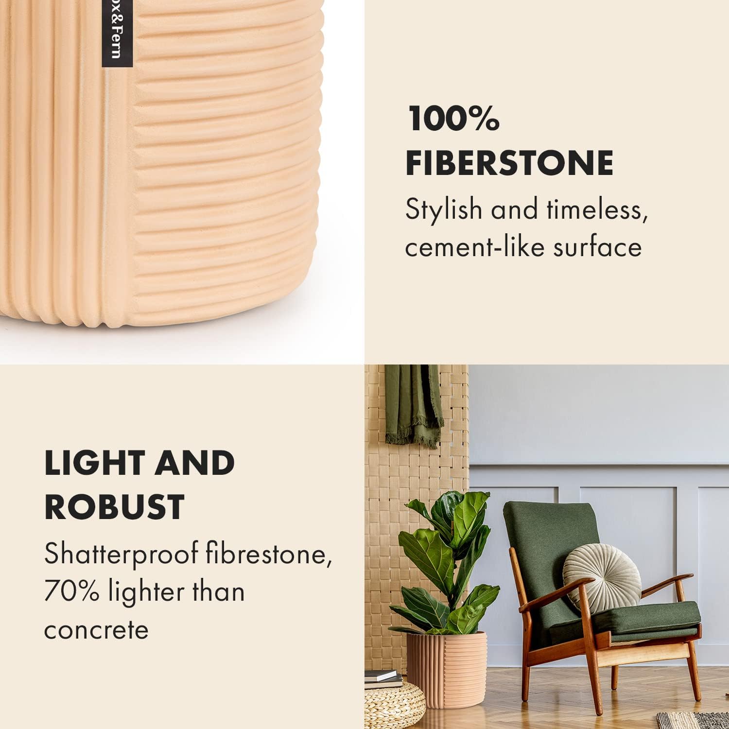Detalle de Fox & Fern PP-ROUND-POLY-L-MW Large Planter, Sand, Line Structure