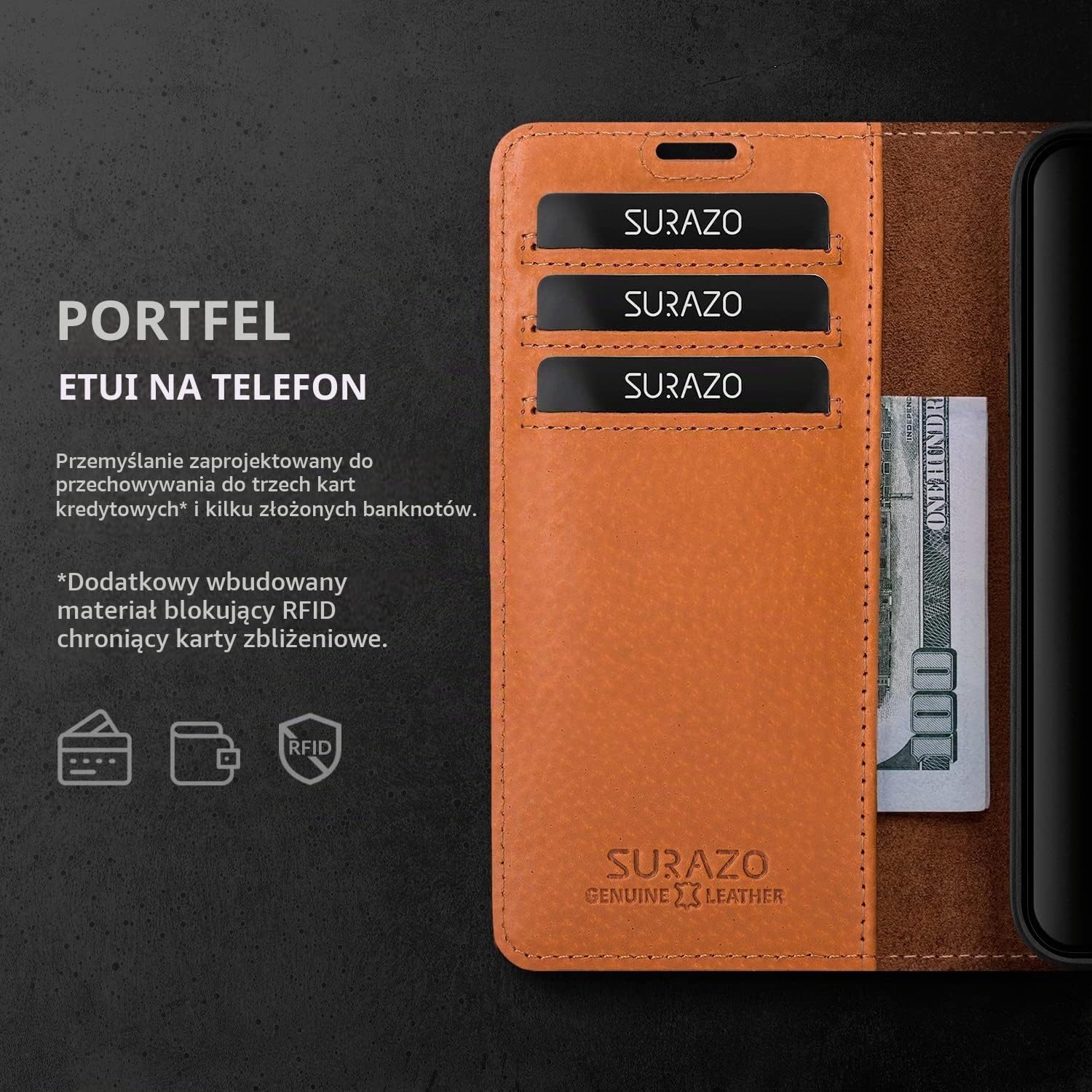 Detalle 2 de SURAZO etui z klapką do Samsung Galaxy A34 5G ze skóry, RFID i miejscem na karty