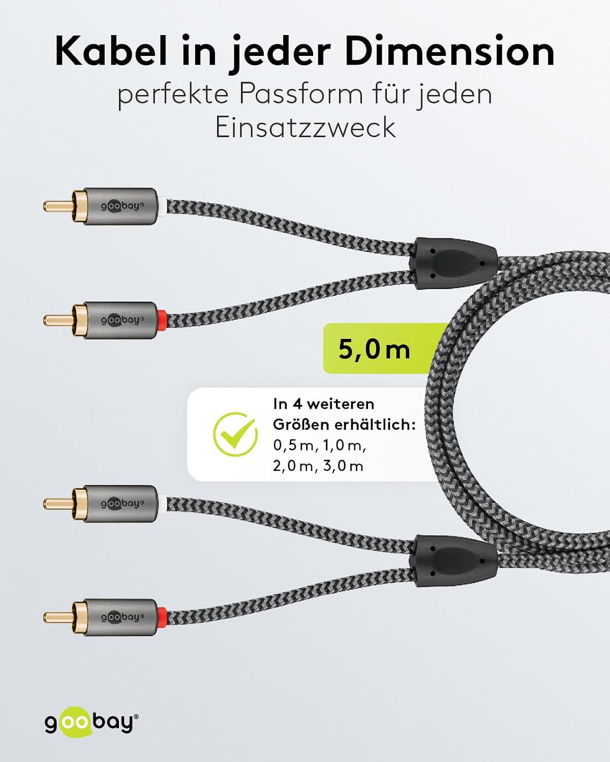 Thumbnail 3 de Goobay 65291 Stereo Cinchkabel 5 m – 2x Cinch-Stecker zu 2x Cinchstecker, RG0 Textilmantel, vergoldete Kontakte