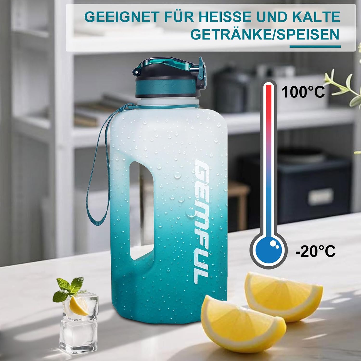 Detalle de GEMFUL 2.2L Sport-Trinkbehälter mit Strohhalm – Zeitmarkierung für optimale Flüssigkeitszufuhr
