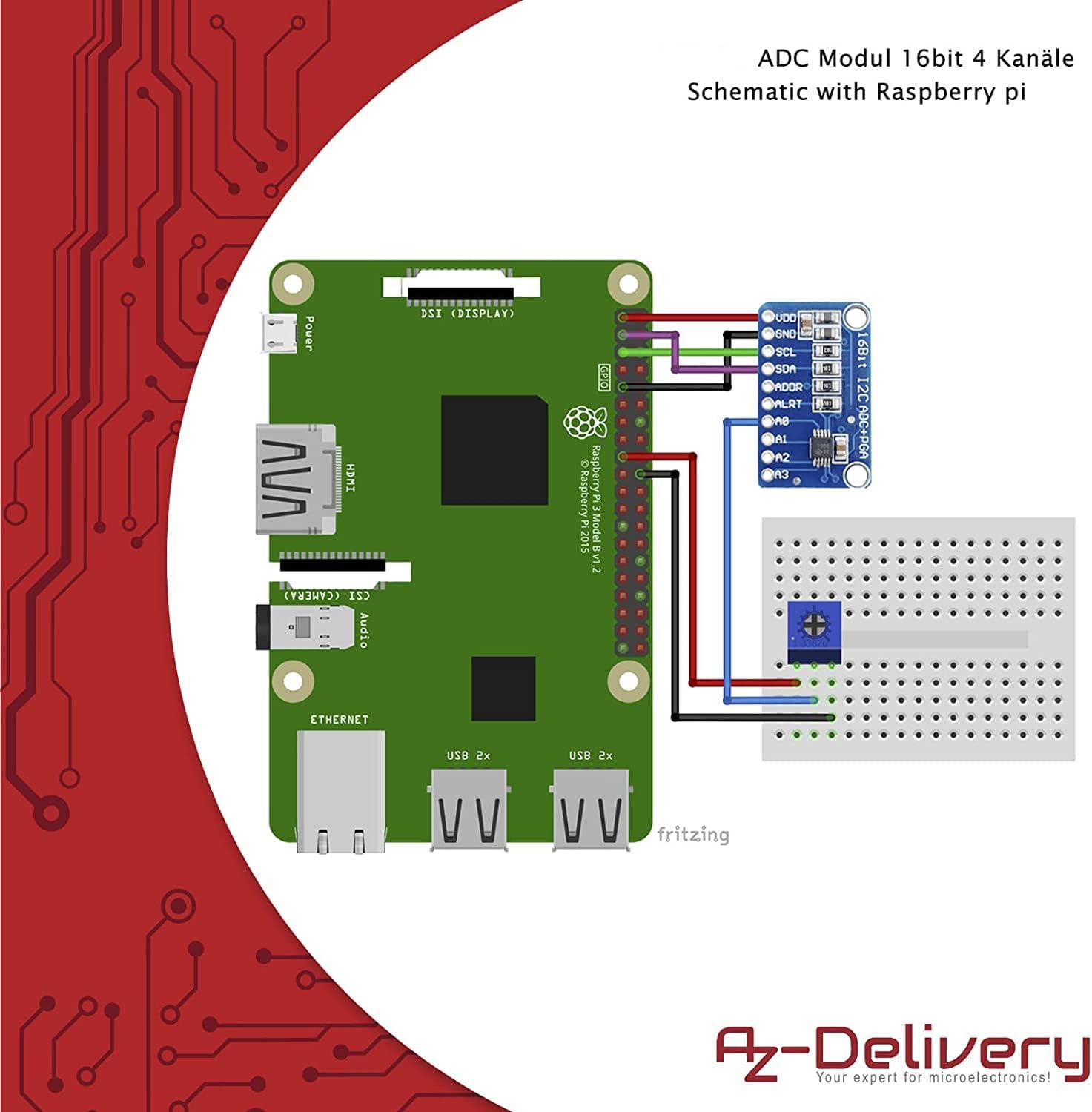 Thumbnail 4 de AZDelivery lot de 5 modules ADC compatibles ADS1115 (16 bits, 4 canaux) en I2C pour Arduino et Raspberry Pi