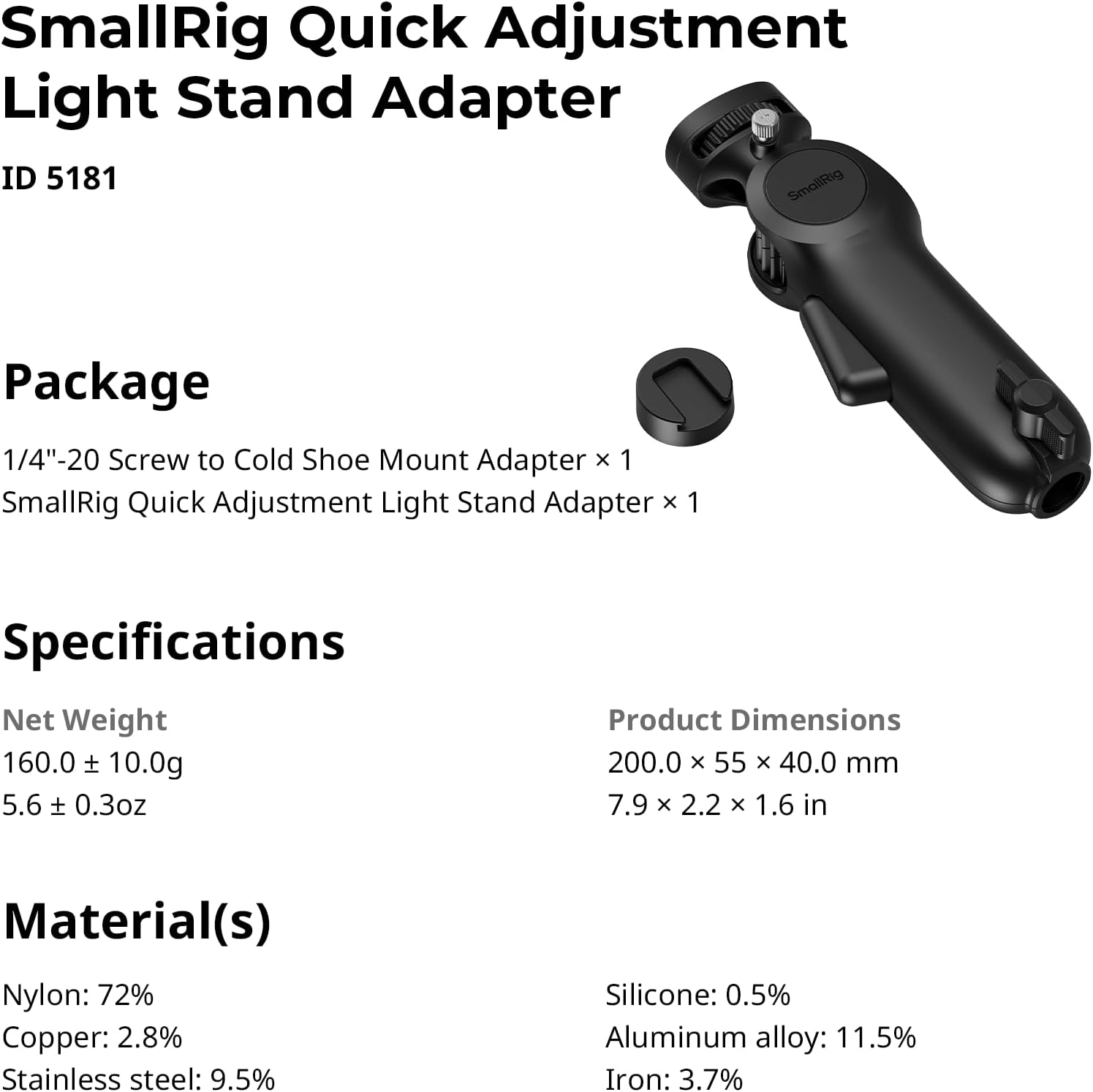 Thumbnail 5 de SMALLRIG Quick Release Light Stand Adapter 5181 – 3 kg Tragfähigkeit, 360° Pan‑Rotation, 1/4‑20 Schraube & Cold Shoe