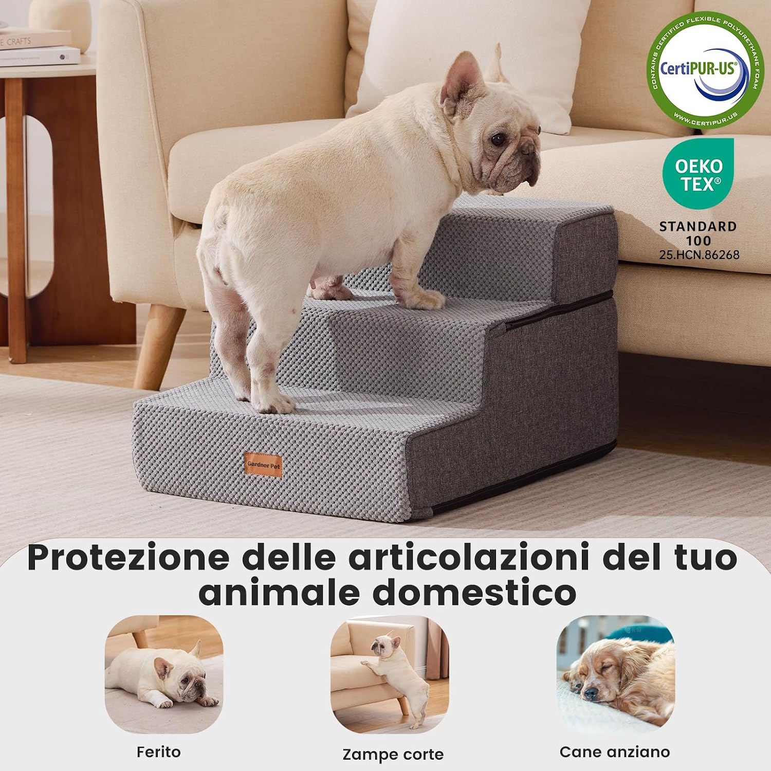 Detalle de Gardner Pet Scala per Cani Piccola taglia a 3 gradini in schiuma 35D, rivestimento impermeabile e antiscivolo – Grigio