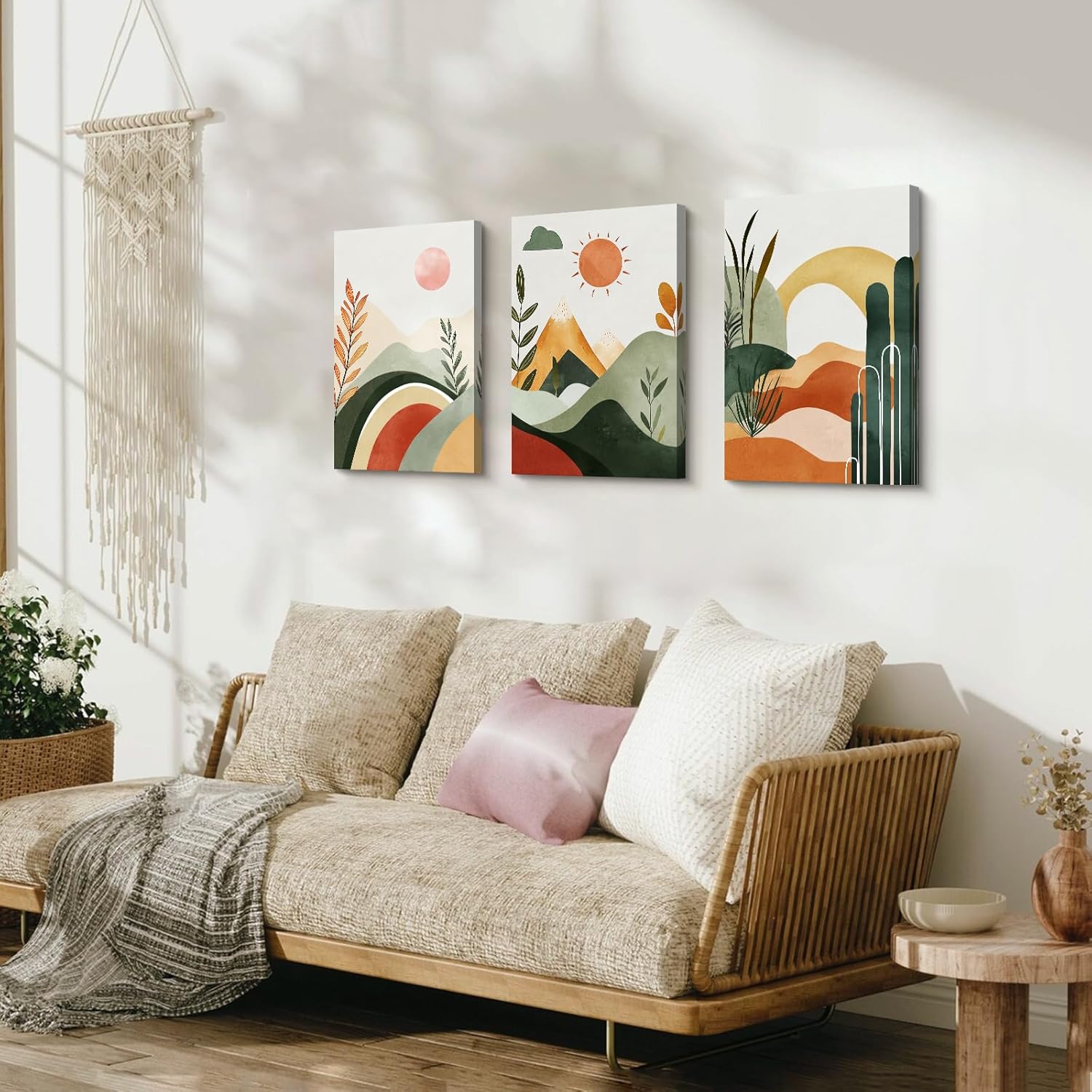 Thumbnail 4 de 3-teilige Leinwandbilder im Boho-Look (Grün) mit Berg & Sonne, ca. 120x60 cm, gerahmt