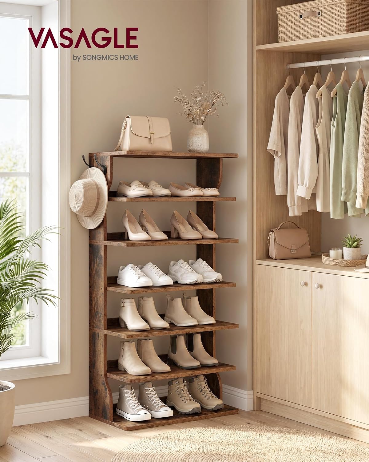 Thumbnail 1 de VASAGLE ULBS220KD01 7-Tier Shoe Rack, Slim Rustic Brown Organizer with Hooks