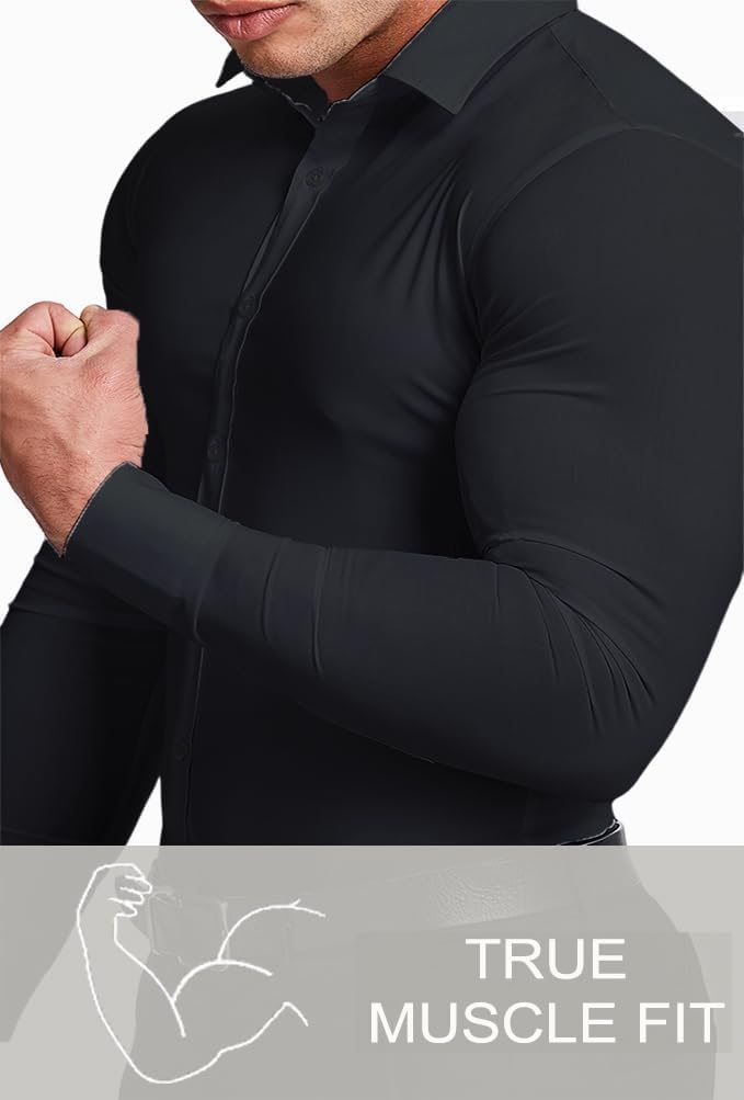 Detalle de EOUOSS Men’s Muscle Fit Dress Shirt with Stretch – Slim Athletic Long Sleeve