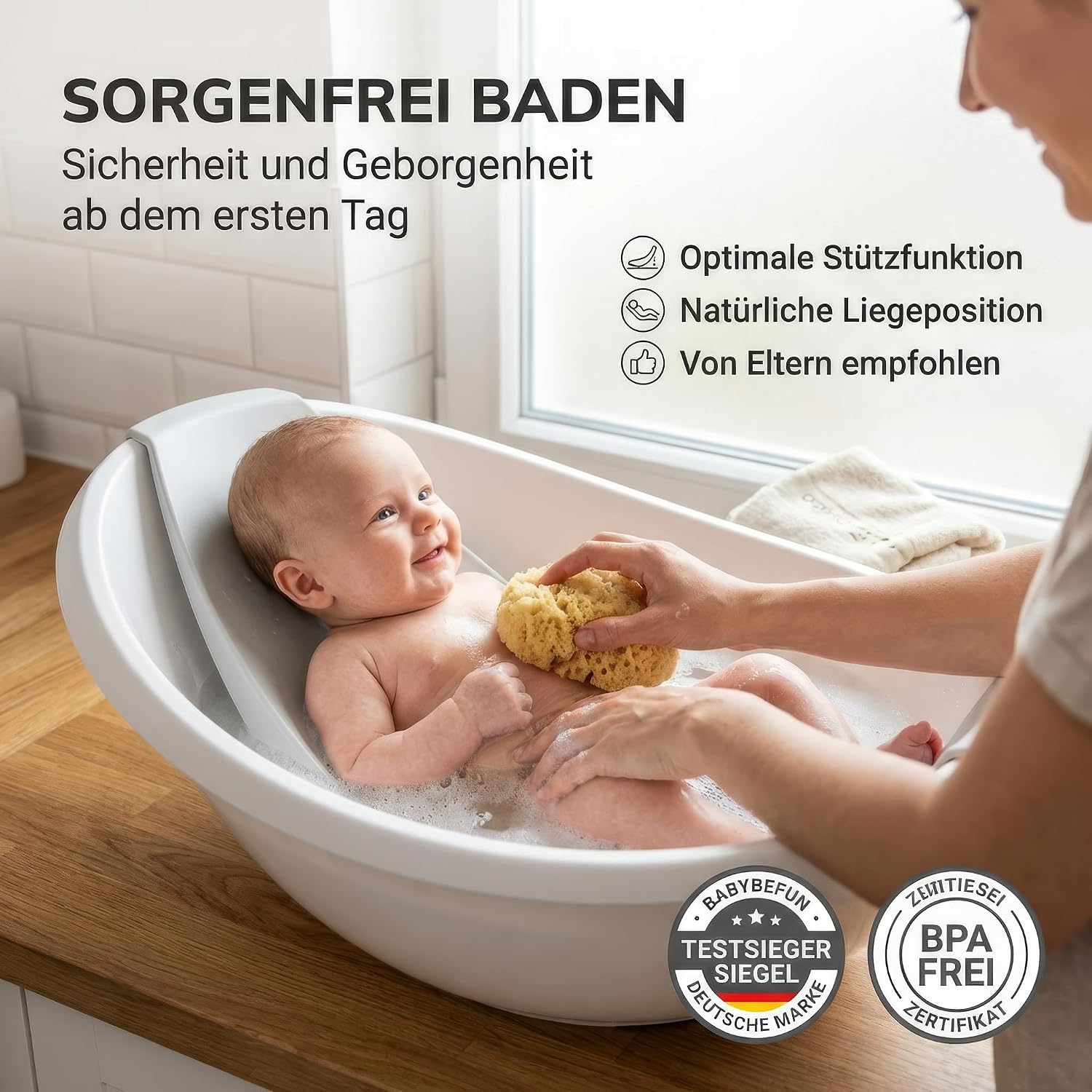 Thumbnail 1 de BabybeFun Baby-Badewanne mit Badewanneneinsatz für Neugeborene – rutschfest, für Dusche und Badewanne (0–12 Monate)