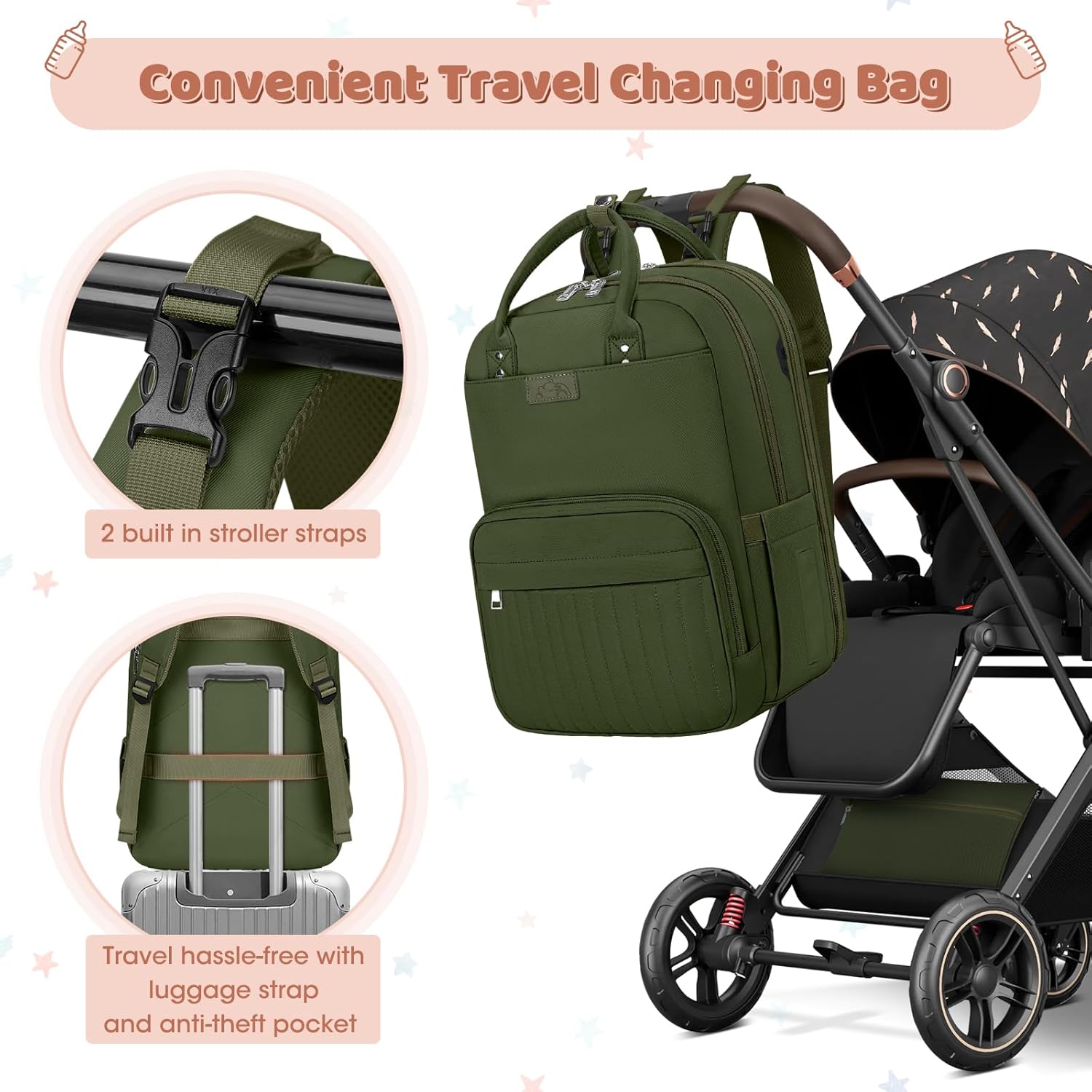 Thumbnail 5 de NEWHEY Baby Changing Bag Backpack with Portable Changing Mat – Waterproof Nappy Bag in Green