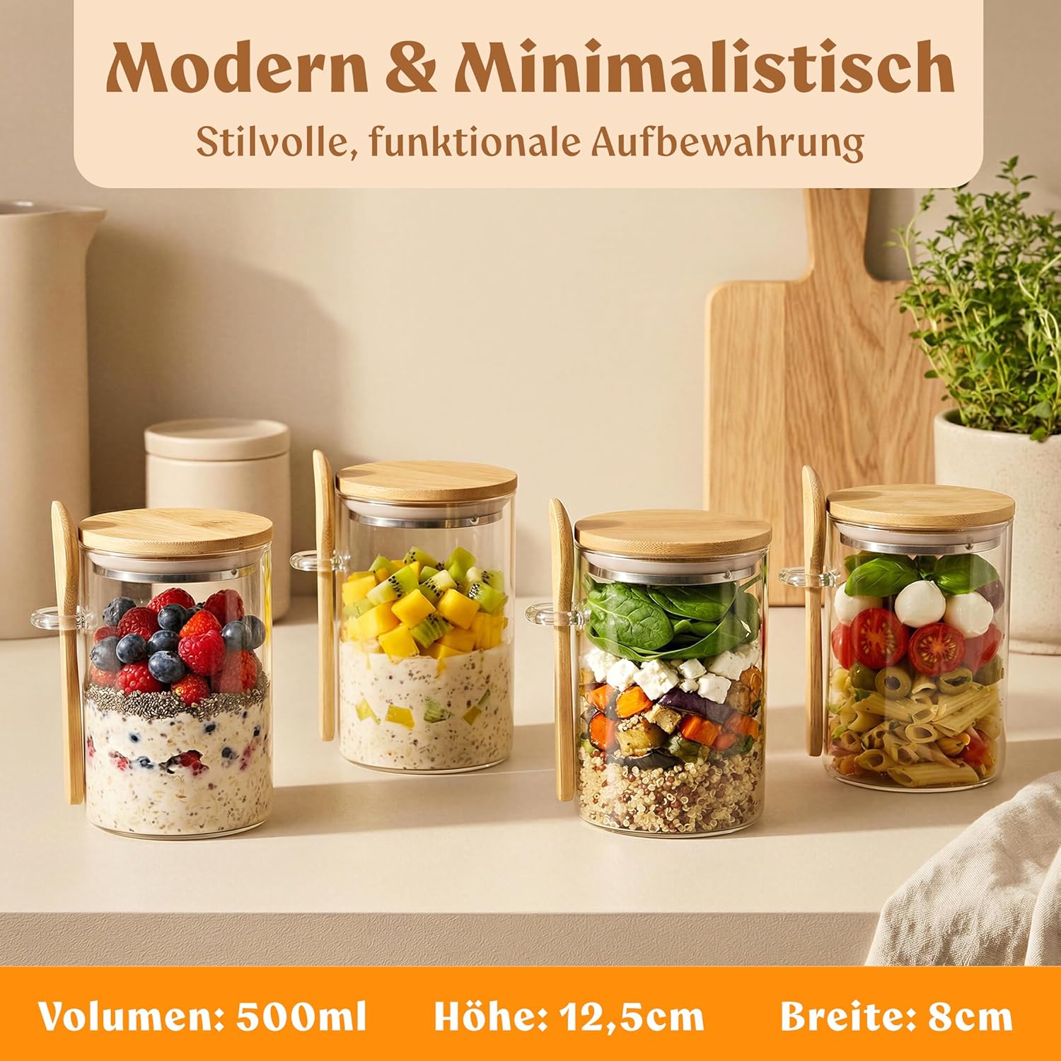 Thumbnail 1 de EDELHAUS Overnight Oats Vorratsgläser-Set (4 x 500 ml) mit Deckel, Etiketten & Löffeln