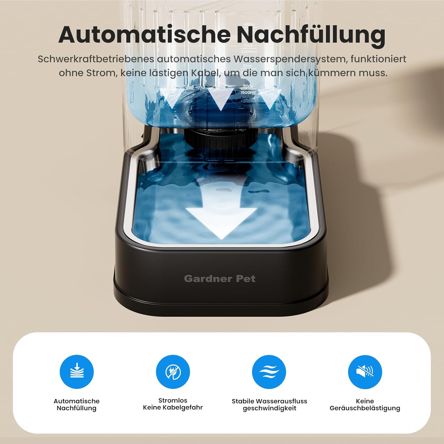 Detalle de Gardner Pet automatischer Wasserspender mit 6,5 l Schwerkraft-Futterbrunnen – ohne Strom, Edelstahl-Schüssel