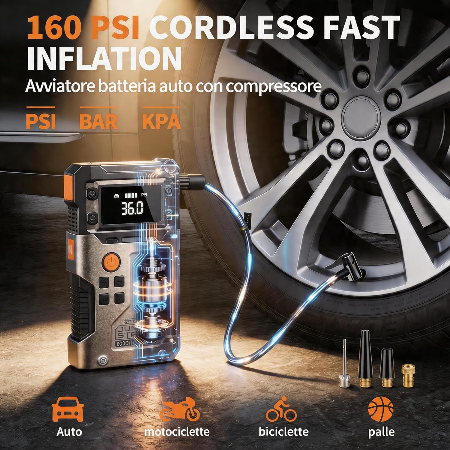 Detalle de Avviatore Batteria Auto 6000A con Compressore 160 PSI – Booster Portatile per 12V (gas/diesel) con LCD e USB