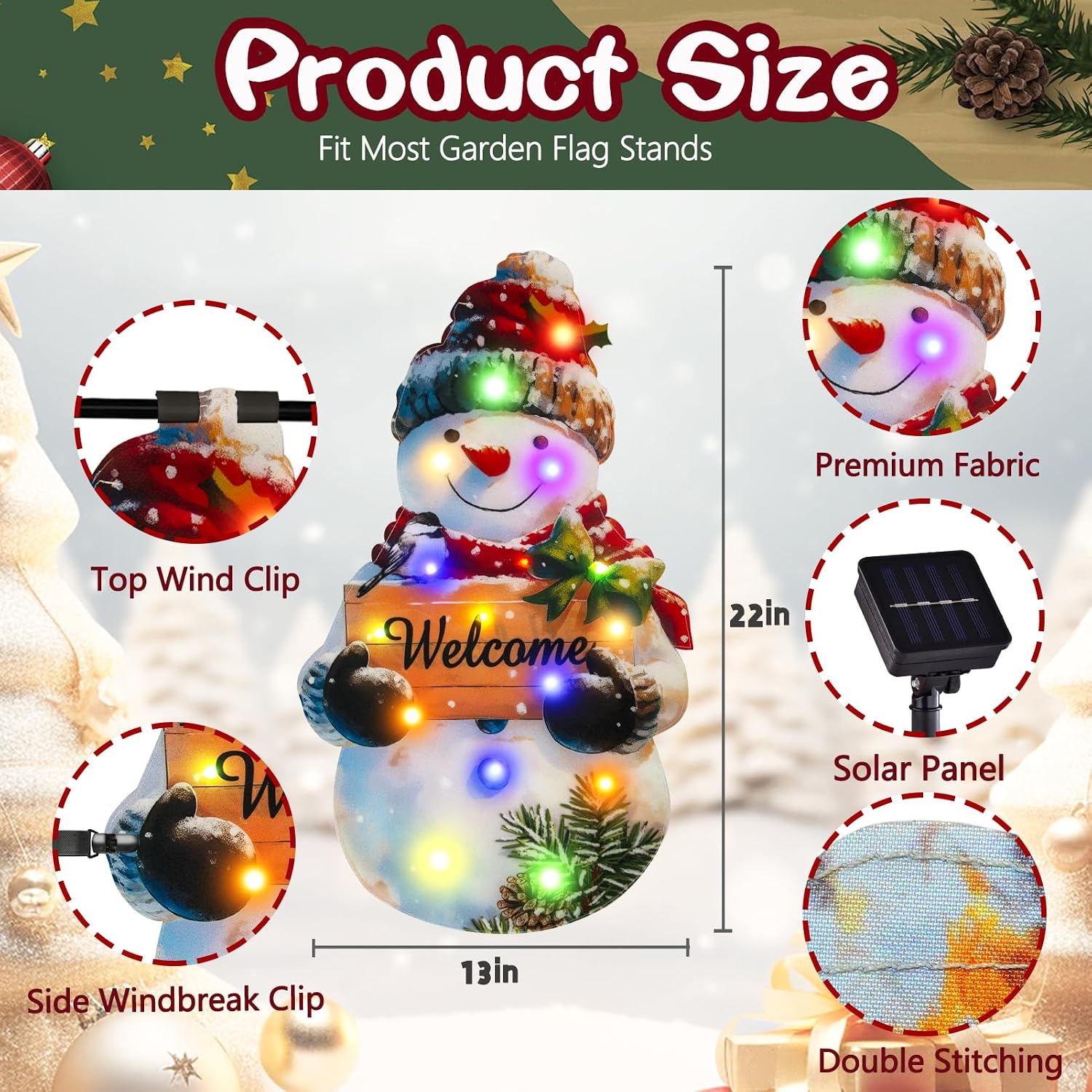 Detalle 2 de amadecohome 1 Lighted Christmas Snowman Garden Flag, 12 x 18, Solar LED