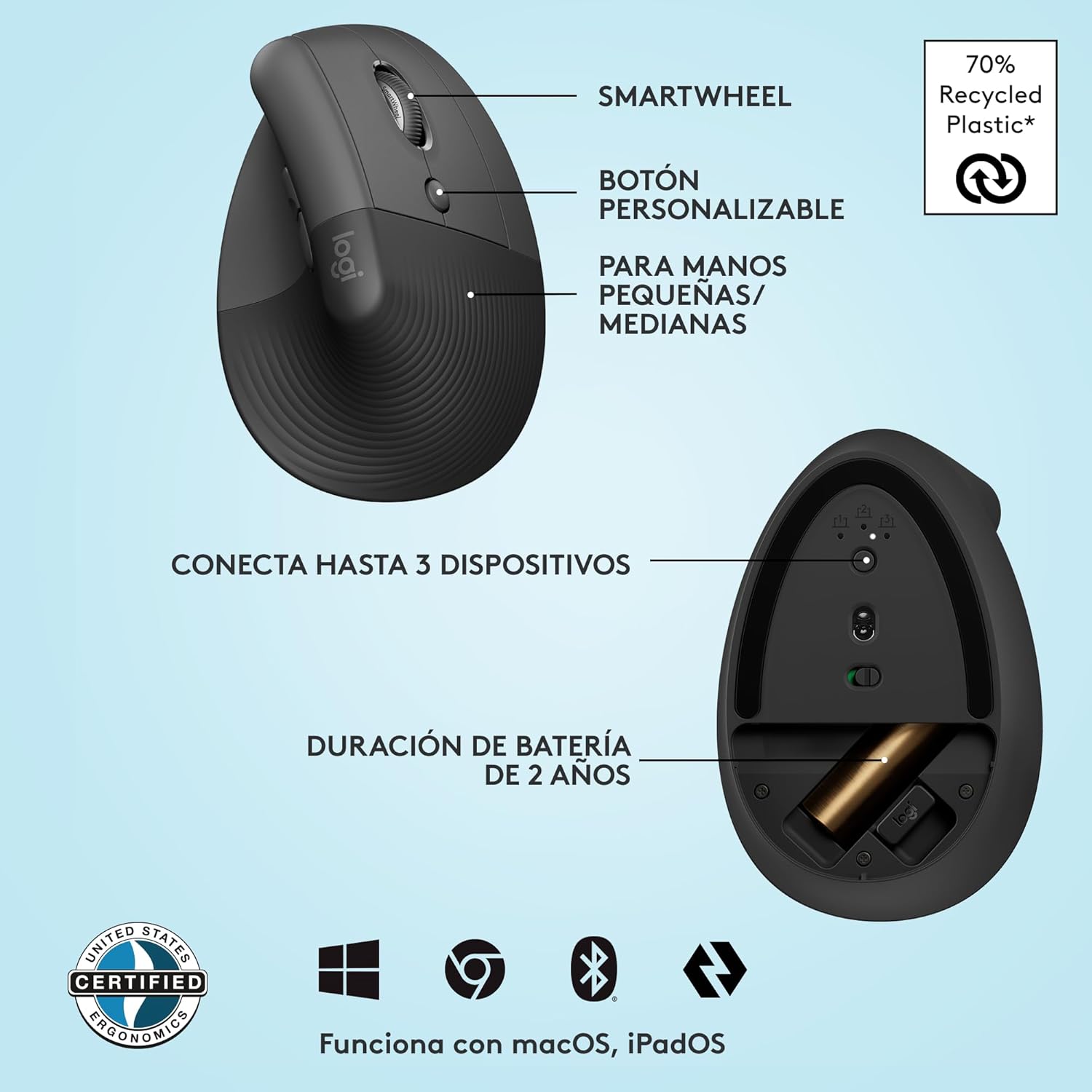 Thumbnail 5 de Logitech Lift Ratón ergonómico Bluetooth 57°