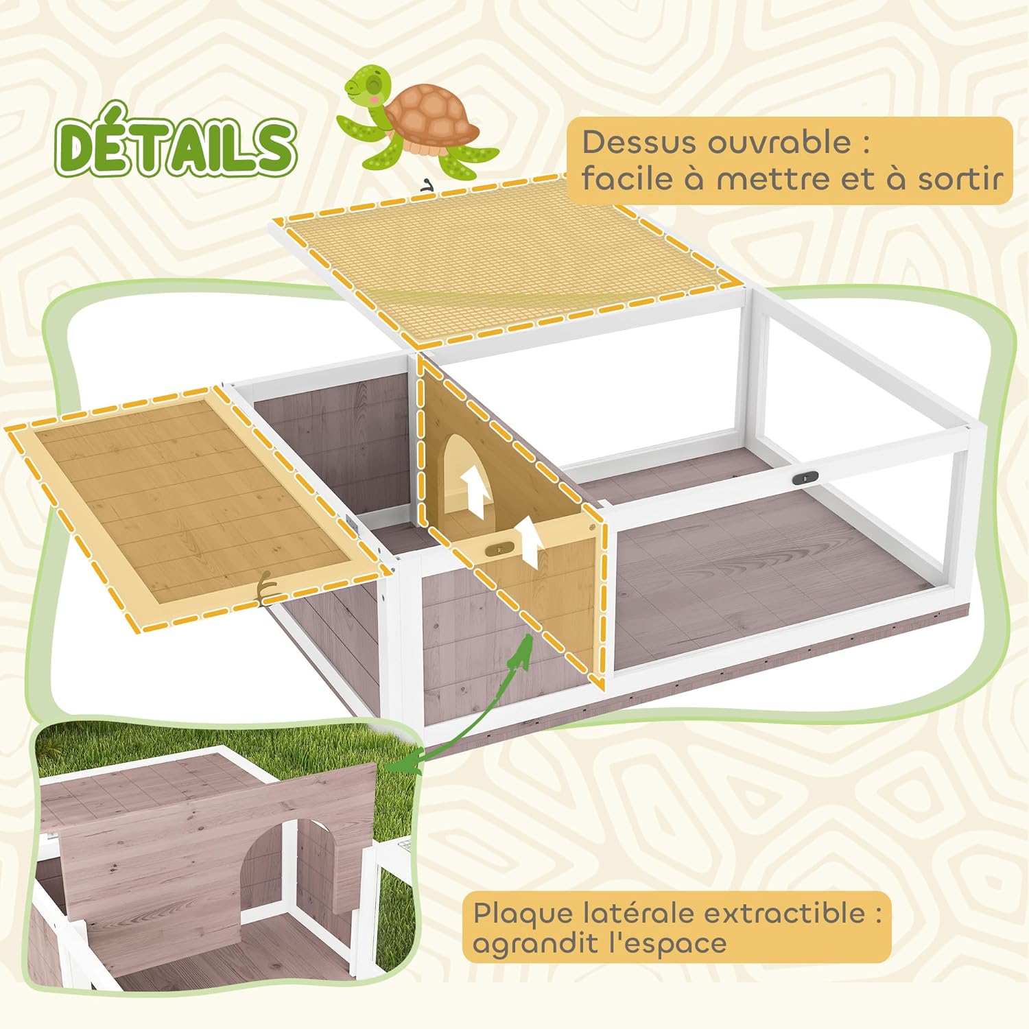 Thumbnail 3 de PawHut Maison pour tortues de terre double zone en bois (91 x 60,5 x 32 cm) avec toit ouvrable
