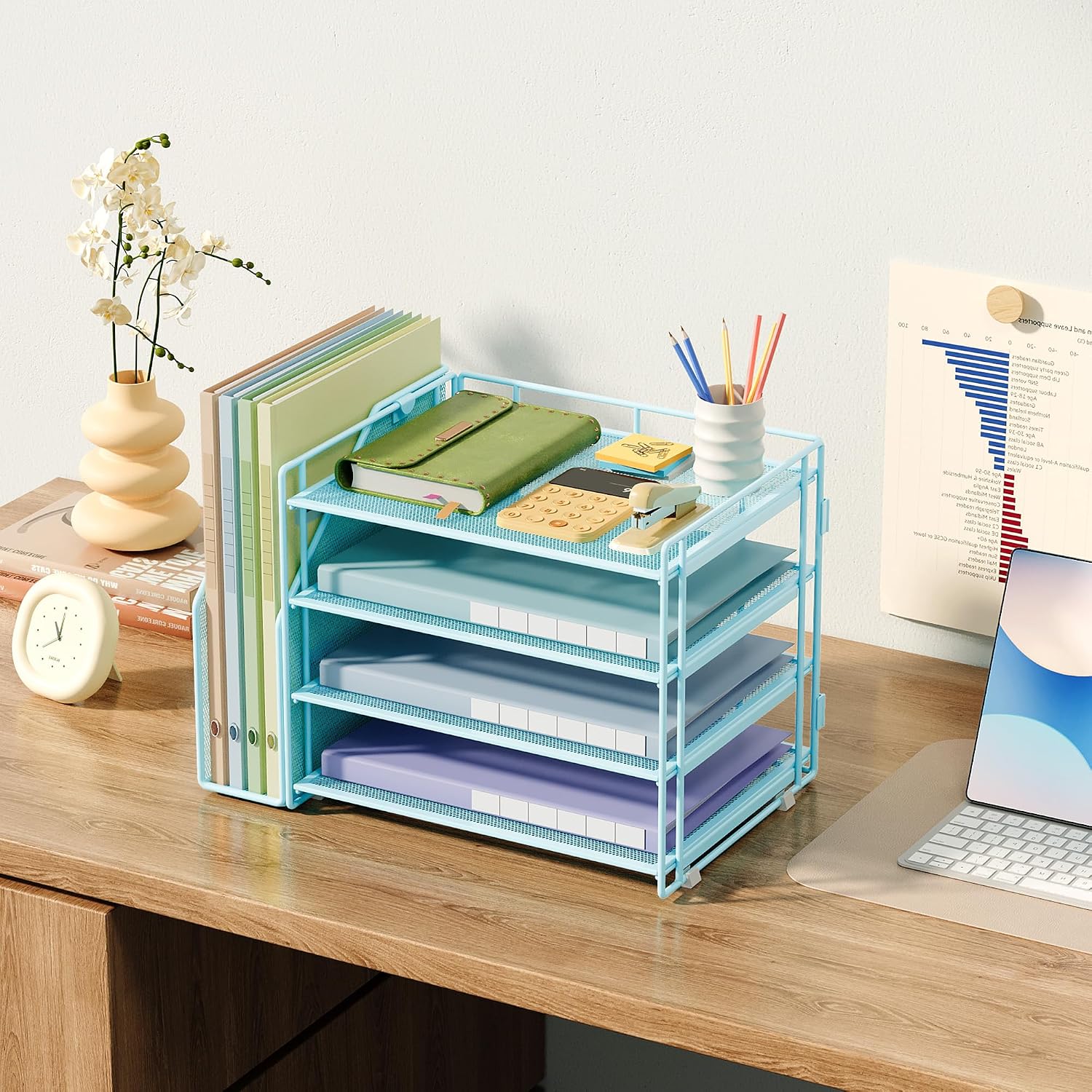 Detalle 2 de SUBEKYU Office Paper Organizer with File Holder, 4-Tier Metal Mesh Desk Organiser, Blue