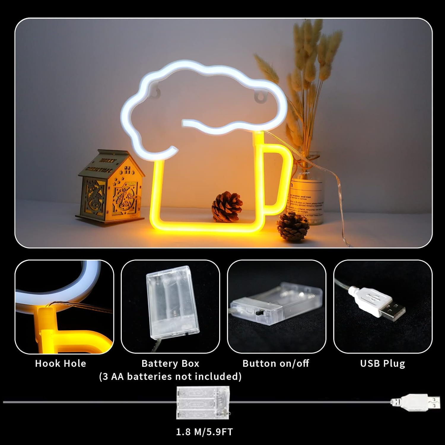 Detalle de DWOOKE Beer Neon Signs: Battery and USB Operated Neon Light for Ambient Room Decor