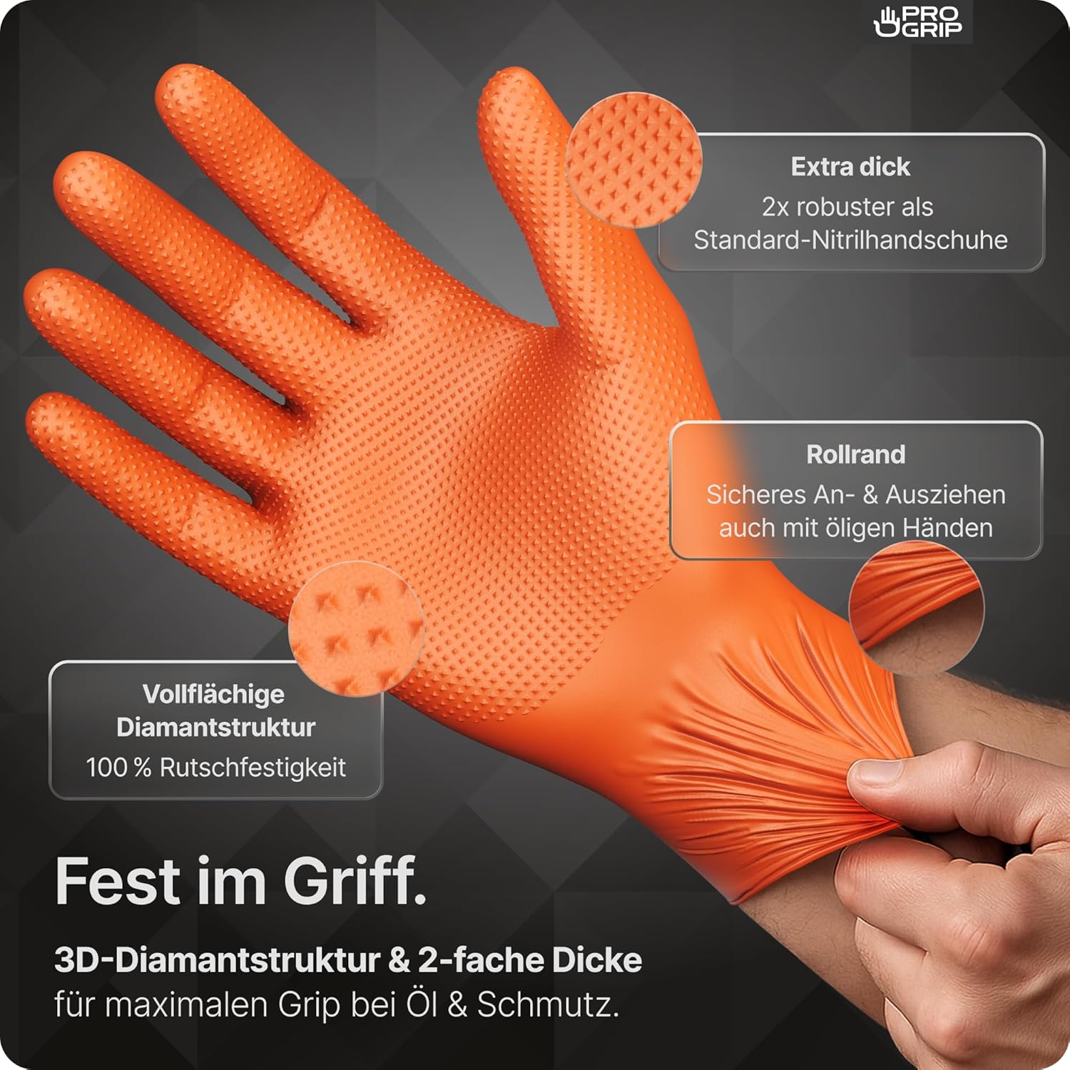 Thumbnail 1 de ARNOMED PROGRIP Einweghandschuhe „Diamant Grip“ Nitril Extra stark, orange – Gr. M (50 Stk. im Karton)