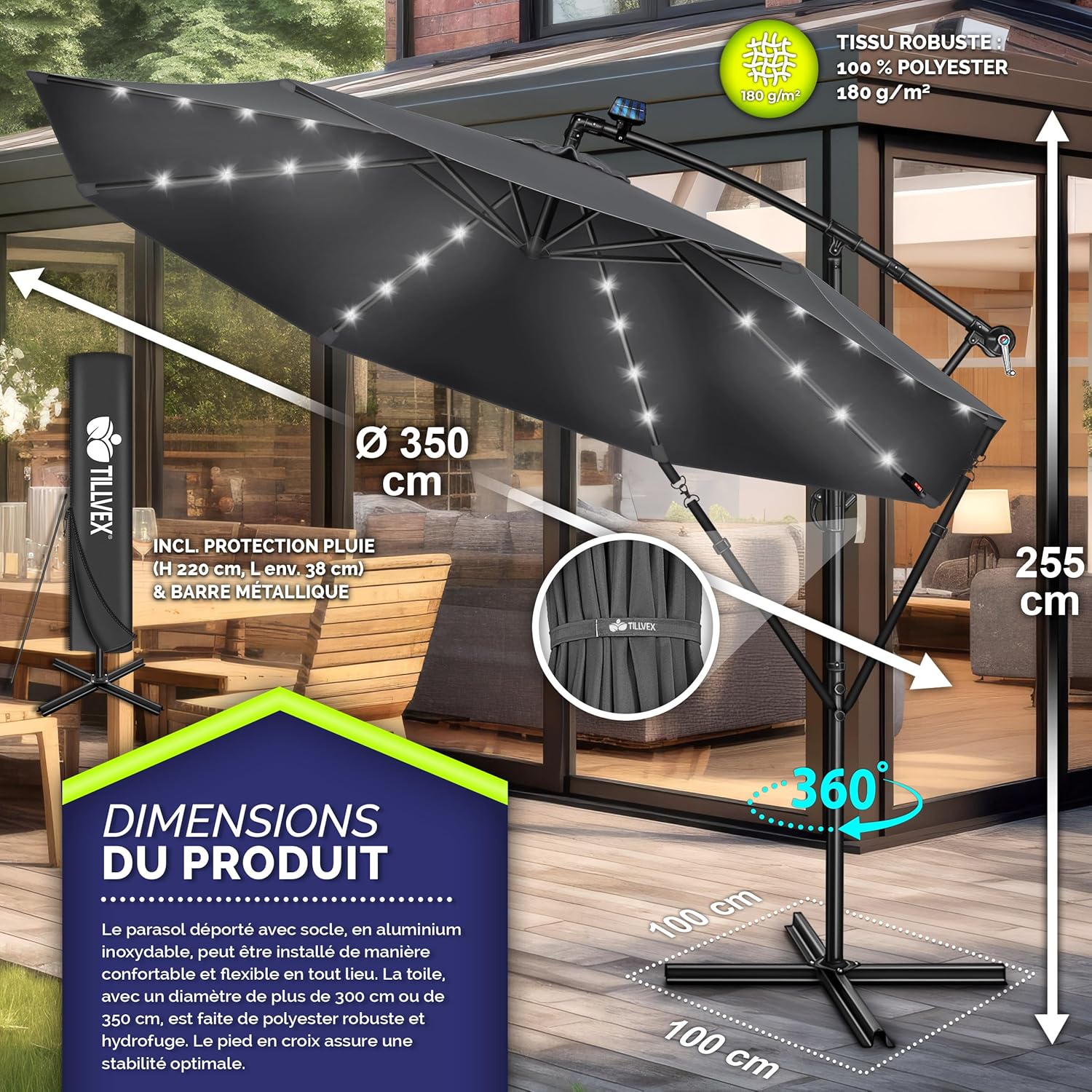 Thumbnail 4 de Tillvex parasol déporté LED solaire hexagonale de 3 m avec manivelle