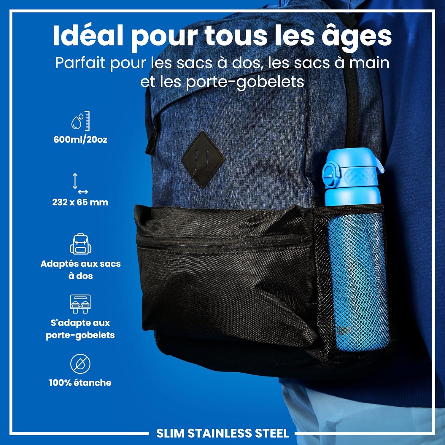 Detalle de Ion8 Gourde Inox Léger 600ml – Non isolé, Anti-Fuite, Bleu