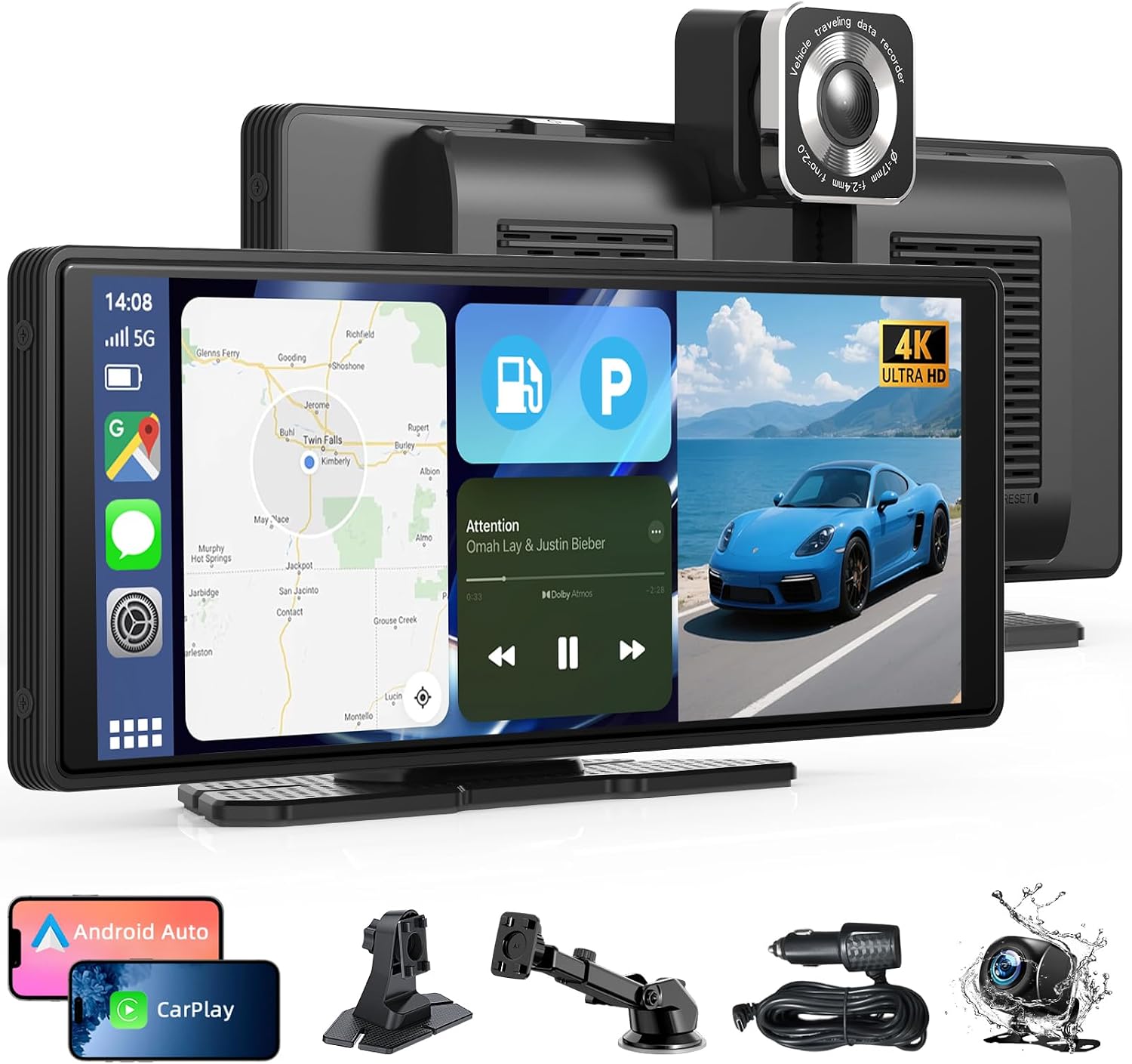 Detalle de Écran Carplay sans Fil 10,26" avec Dashcam 4K et Caméra de recul 1080P – CarPlay, Android Auto, GPS, BT et Mirror Link