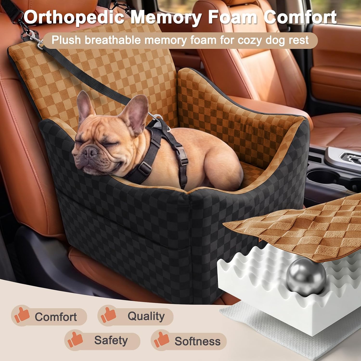 Detalle de JOEJOY PET-BK-001-BN Elevated Dog Car Seat, Memory Foam, Brown