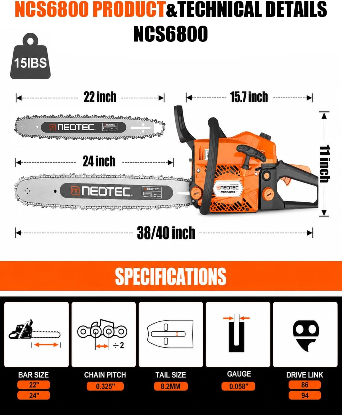 Detalle de NEO-TEC 1D-LTT-NCS6800A-917-1 68CC Gas Chainsaw with 22- and 24-Inch Bars