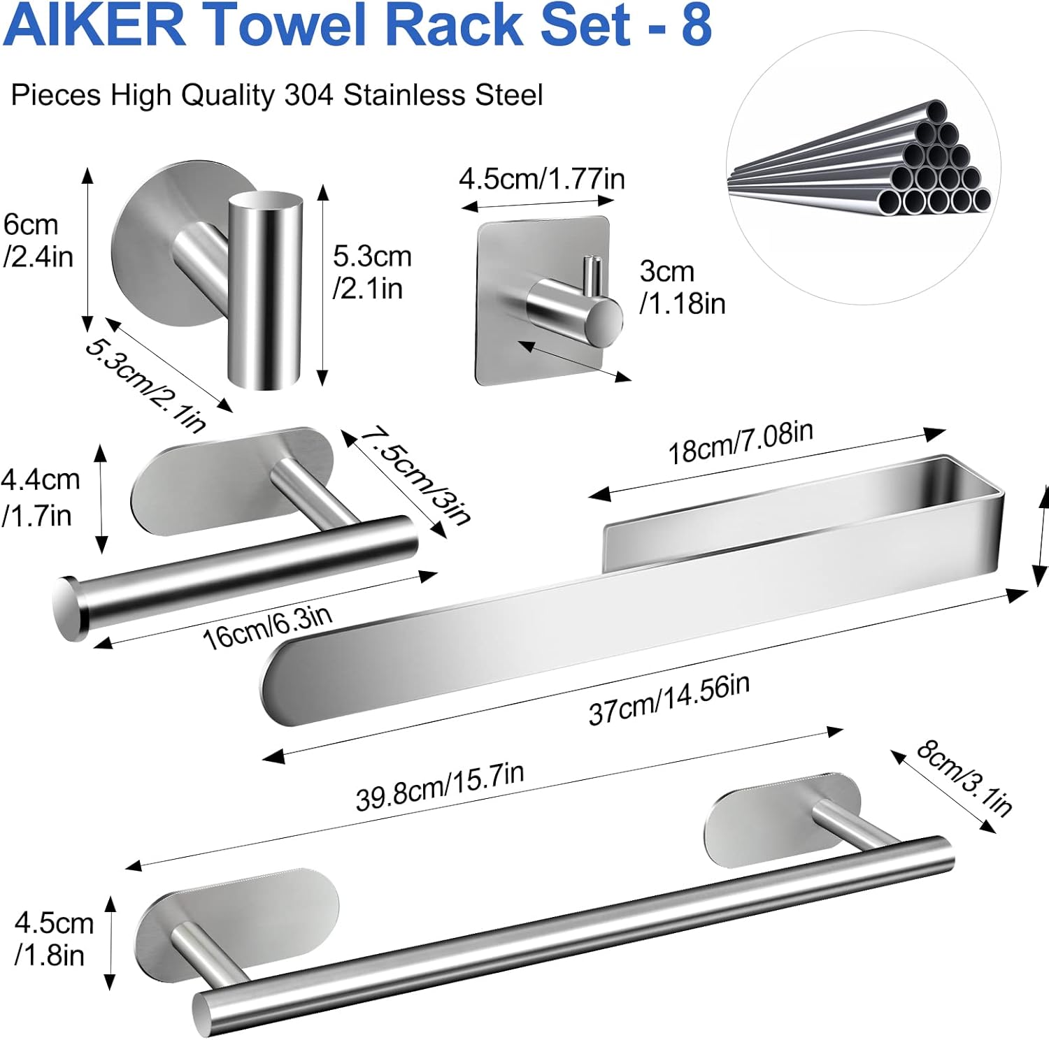 Thumbnail 3 de AIKER Porta Asciugamani Bagno – Set accessori 8 pezzi in acciaio inox 304, attacco adesivo autoadesivo