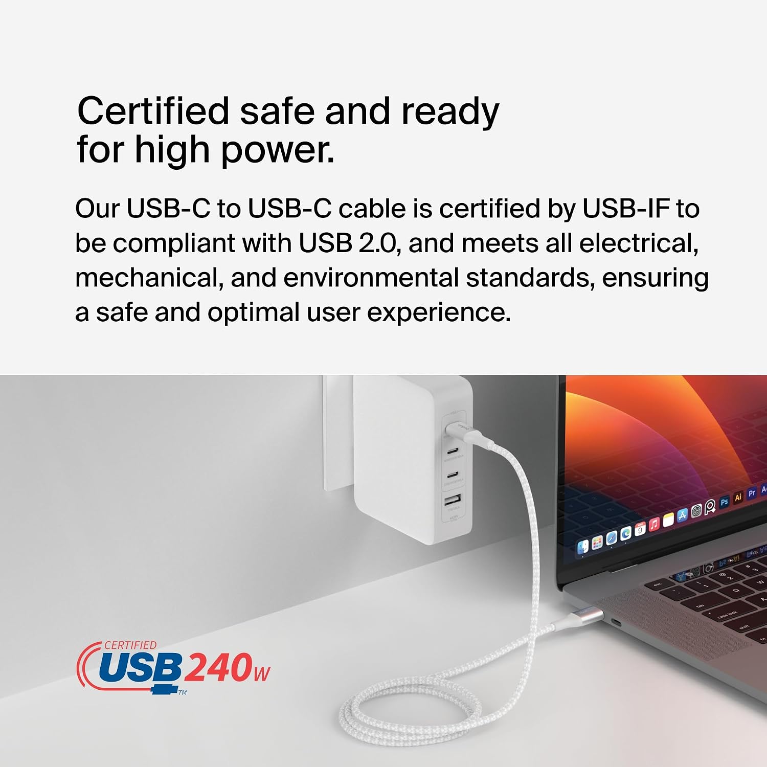 Detalle de Belkin USB-C to USB-C Cable, 3.3ft (1m), 240W, Fast Charging – White